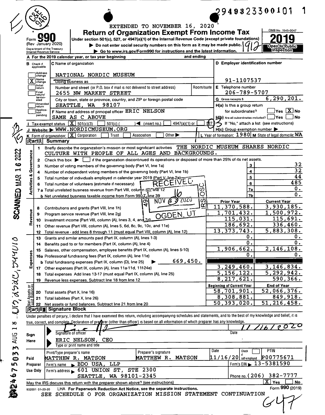 Image of first page of 2019 Form 990 for National Nordic Museum