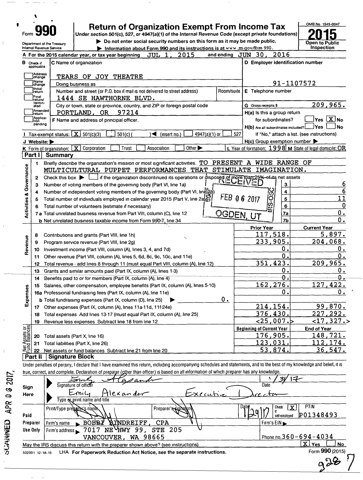 Image of first page of 2015 Form 990 for Tears of Joy Theatre