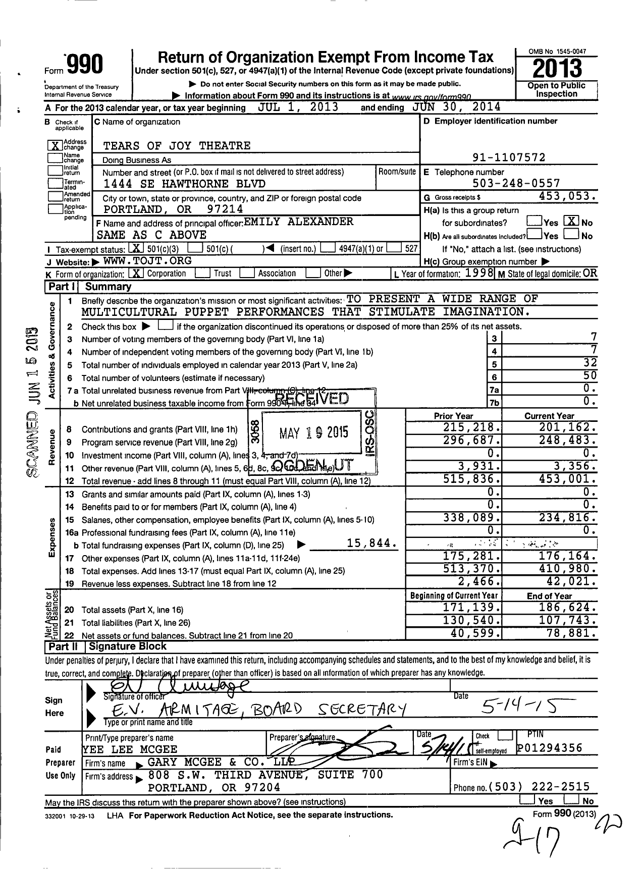 Image of first page of 2013 Form 990 for Tears of Joy Theatre