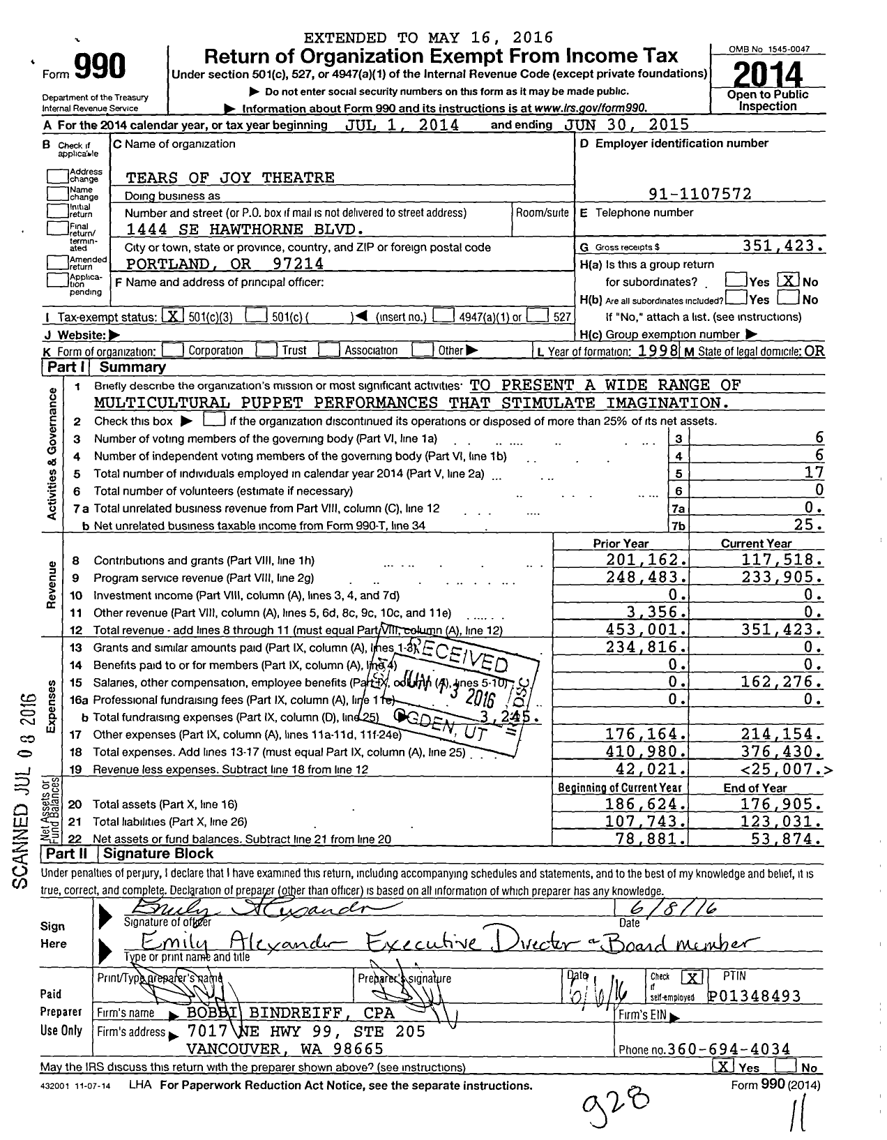 Image of first page of 2014 Form 990 for Tears of Joy Theatre