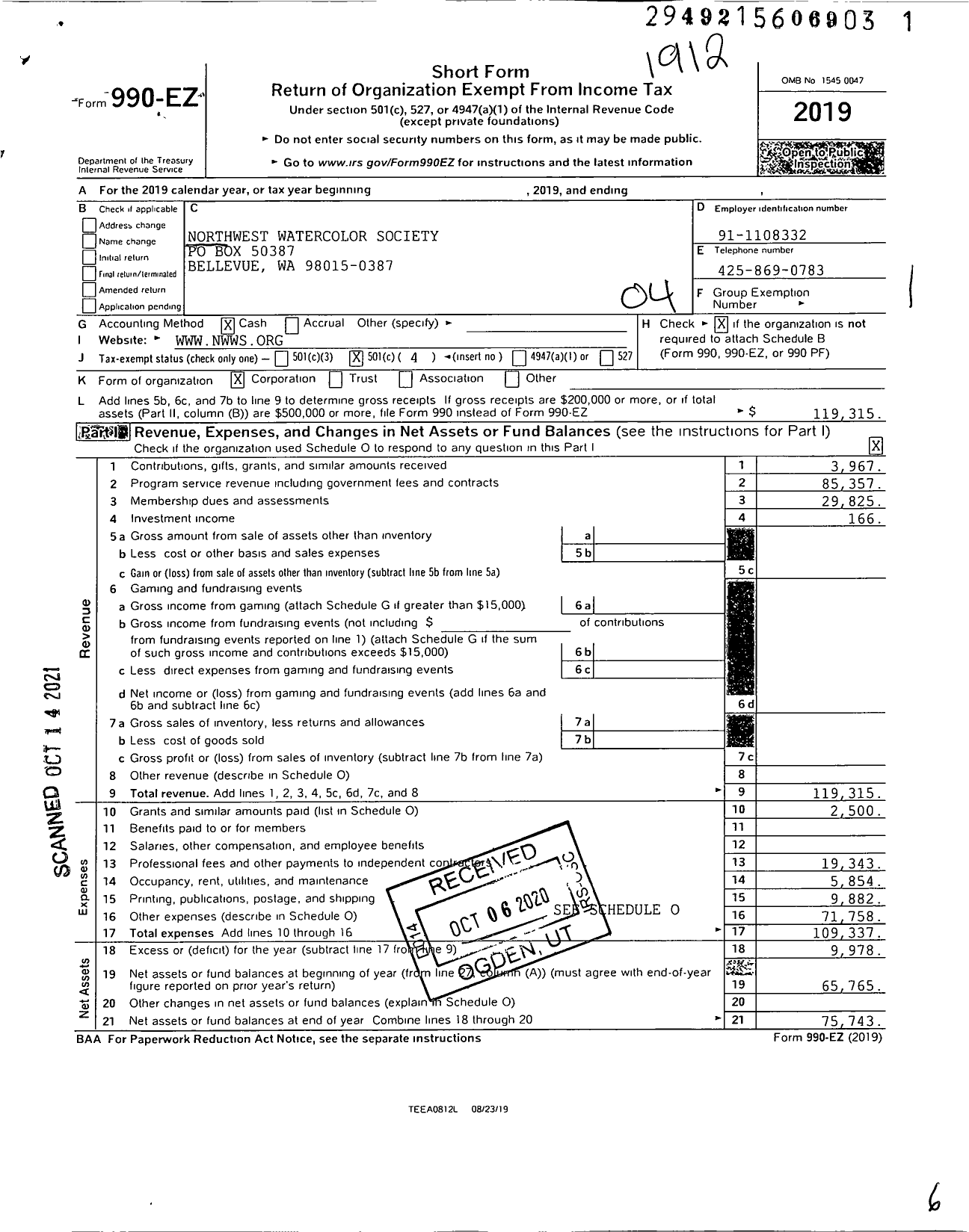 Image of first page of 2019 Form 990EO for Northwest Watercolor Society