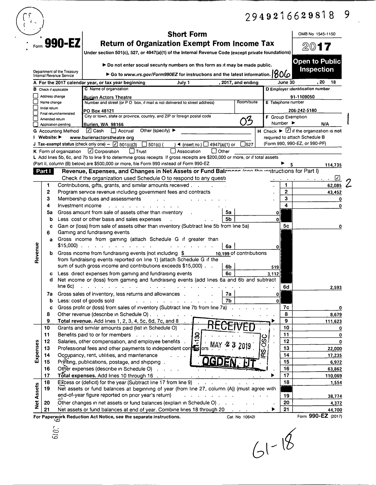 Image of first page of 2017 Form 990EZ for Burien Actors Theatre