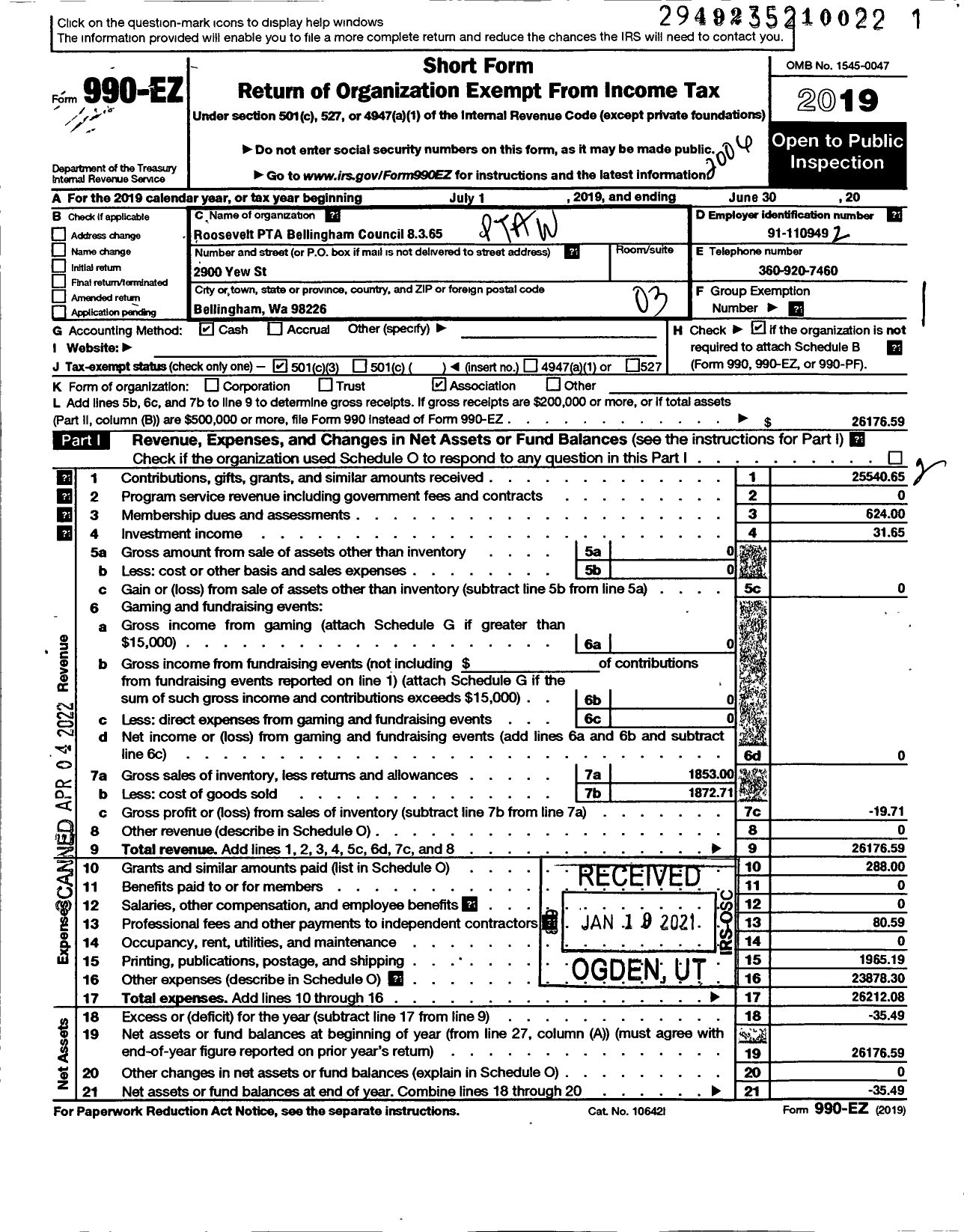 Image of first page of 2019 Form 990EZ for PTA Roosevelt Bellingham Council 8 3 65