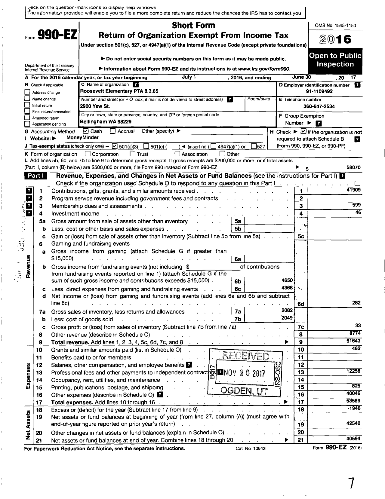 Image of first page of 2016 Form 990EZ for PTA Roosevelt Bellingham Council 8 3 65