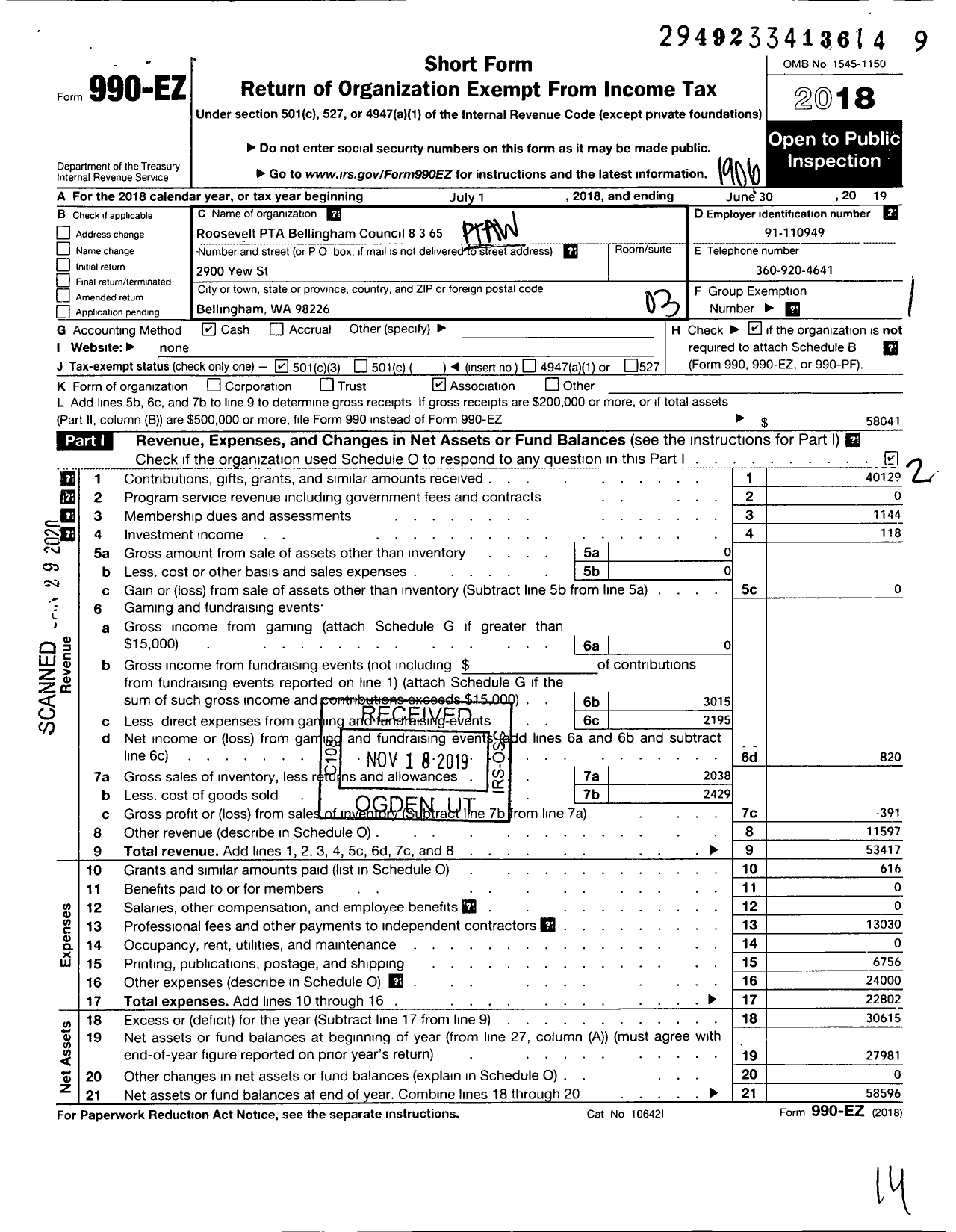 Image of first page of 2018 Form 990EZ for PTA Roosevelt Bellingham Council 8 3 65