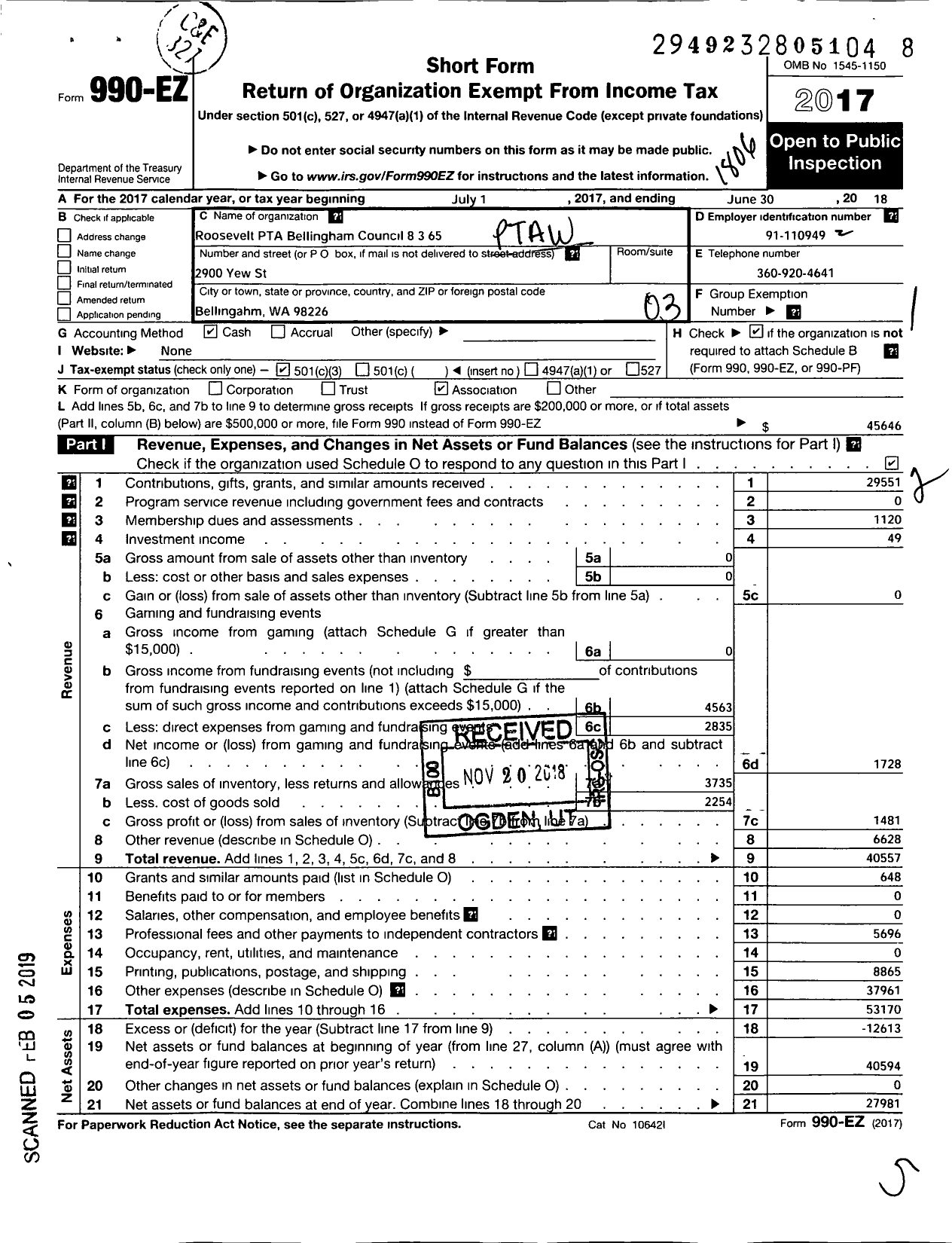 Image of first page of 2017 Form 990EZ for PTA Roosevelt Bellingham Council 8 3 65