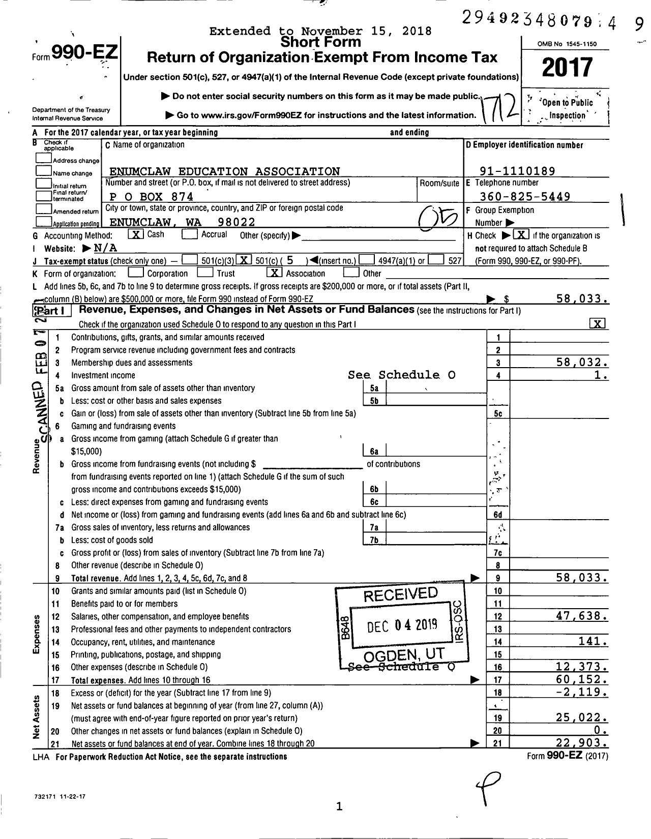 Image of first page of 2017 Form 990EO for Enumclaw Education Association