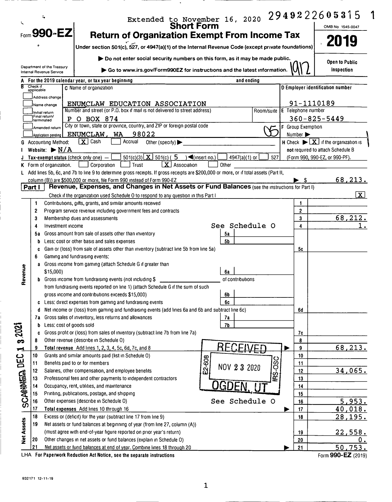 Image of first page of 2019 Form 990EO for Enumclaw Education Association