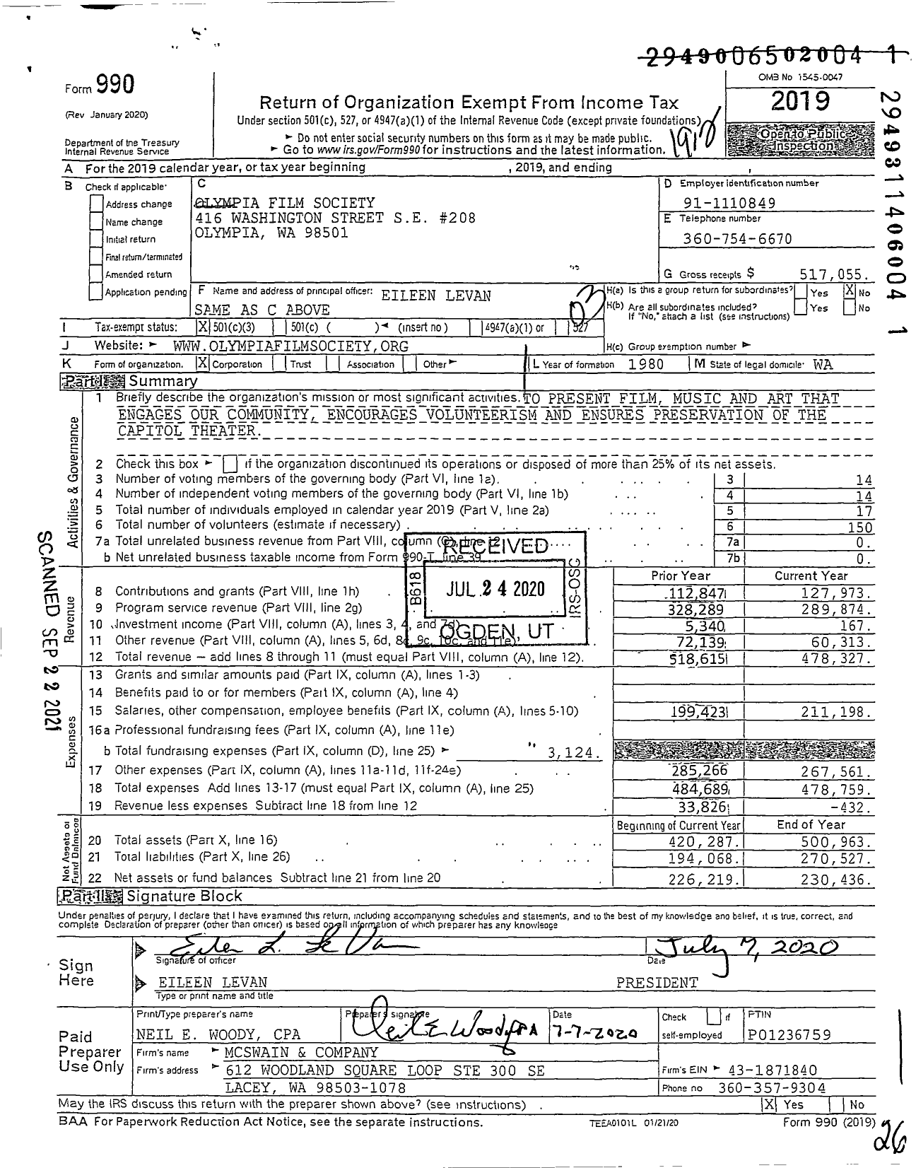 Image of first page of 2019 Form 990 for Olympia Film Society