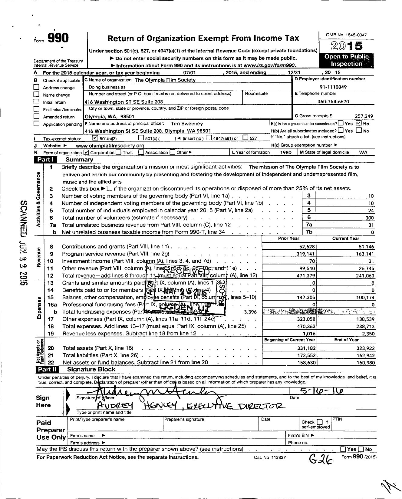 Image of first page of 2015 Form 990 for Olympia Film Society