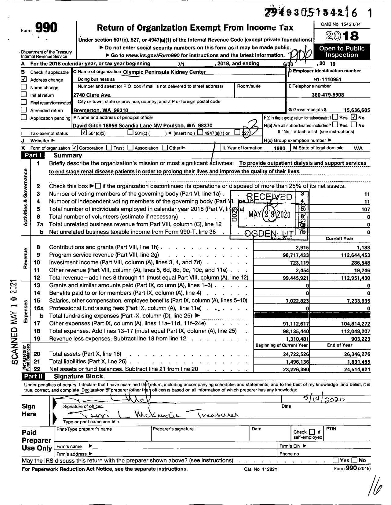 Image of first page of 2018 Form 990 for Olympic Peninsula Kidney Center