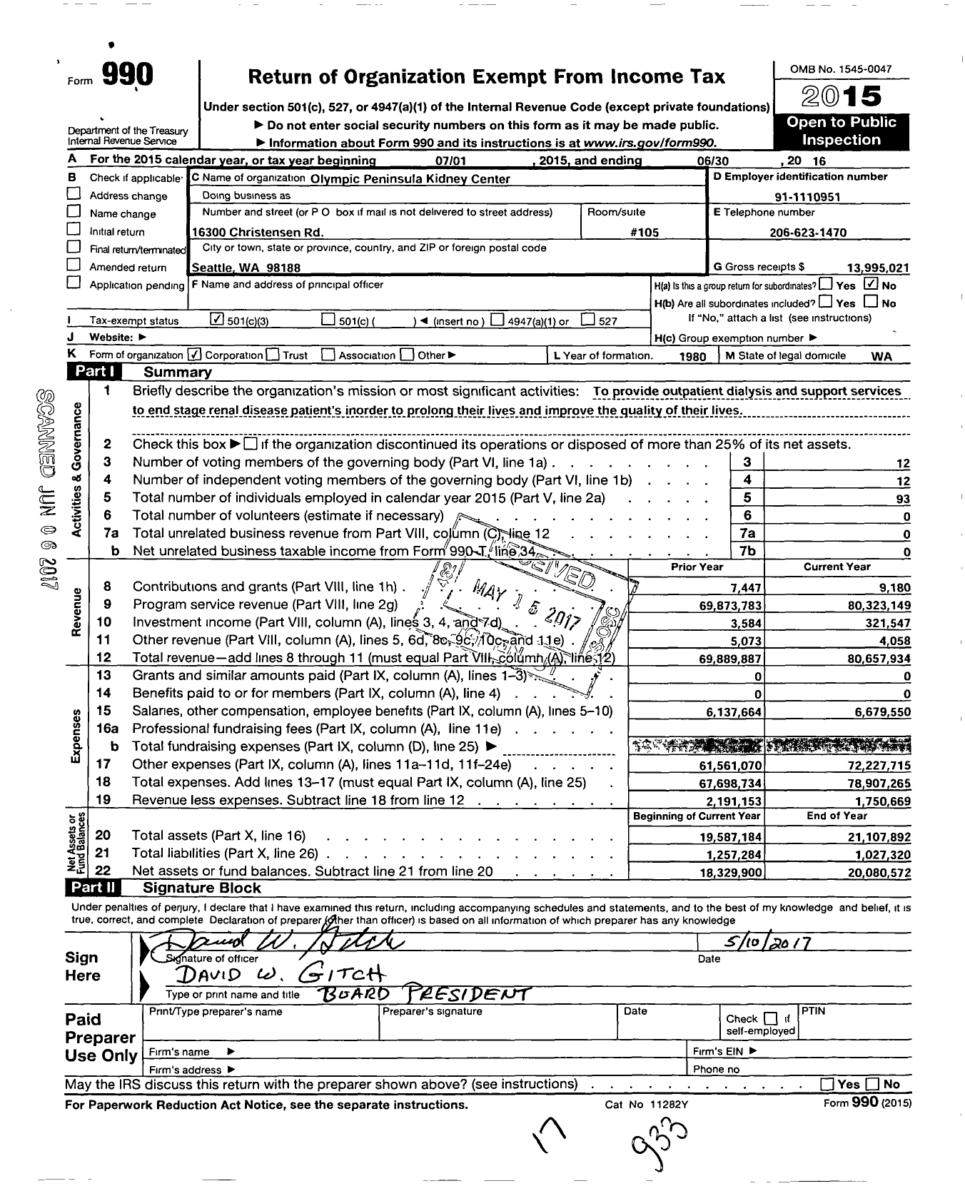 Image of first page of 2015 Form 990 for Olympic Peninsula Kidney Center