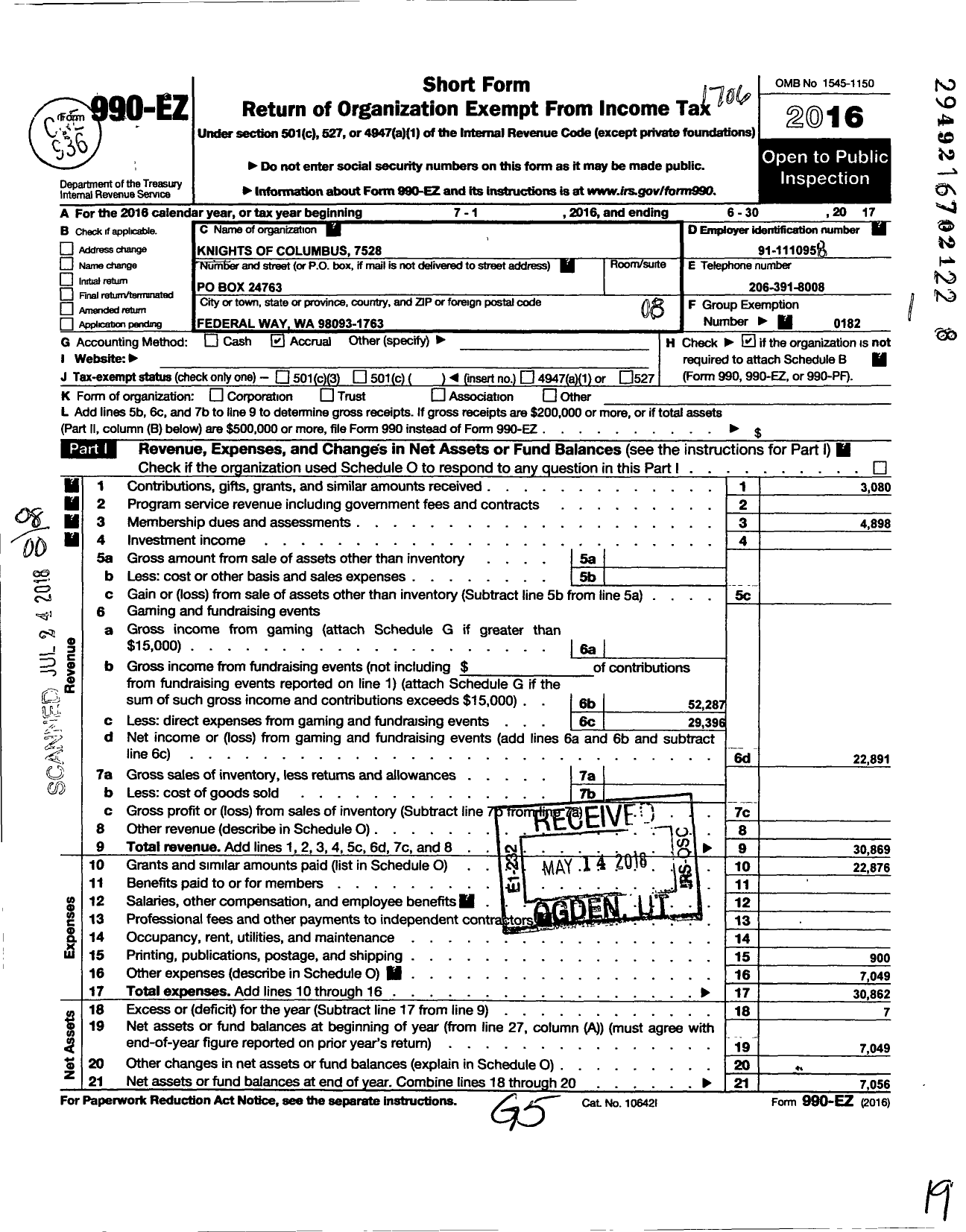 Image of first page of 2016 Form 990EO for Knights of Columbus - 7528 St Joseph Council