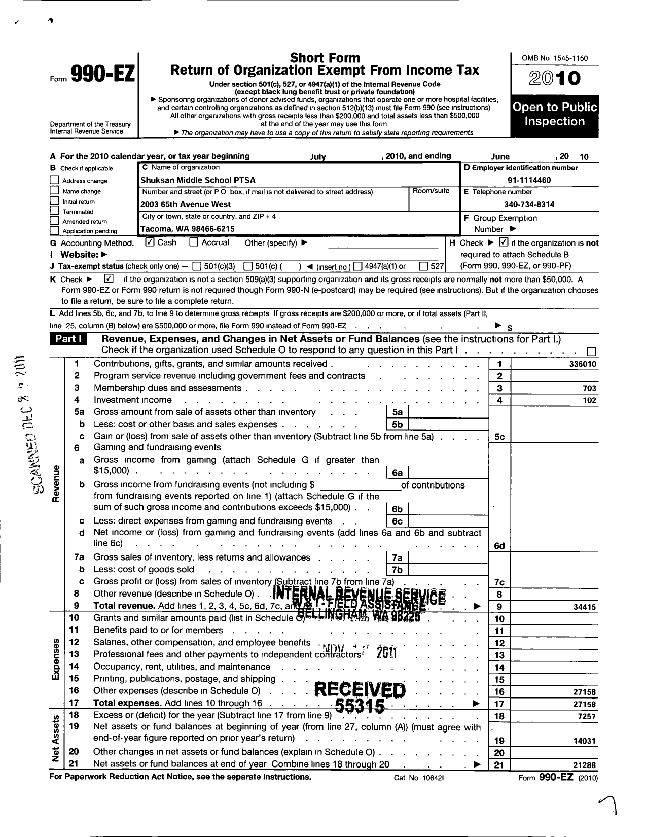 Image of first page of 2010 Form 990EO for Shuksan Middle School PTA 8 3 85