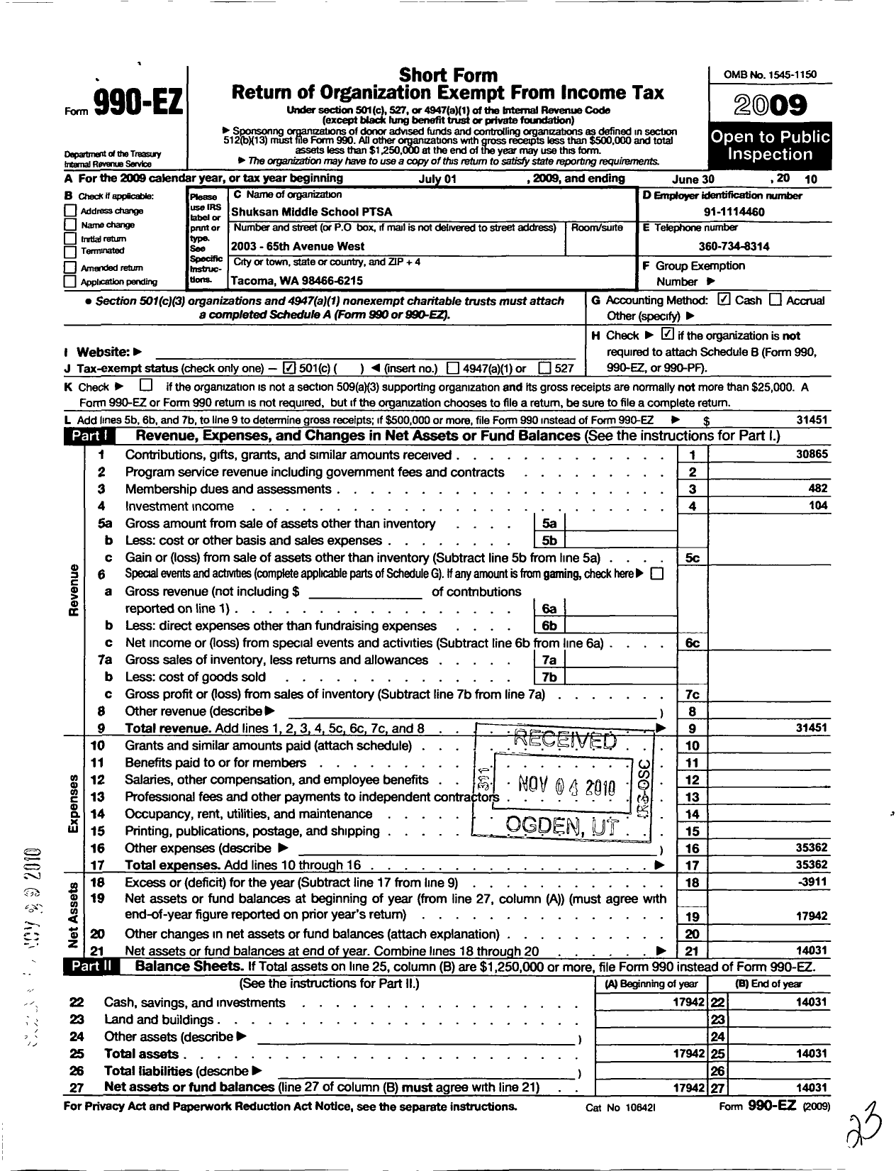 Image of first page of 2009 Form 990EO for Shuksan Middle School PTA 8 3 85