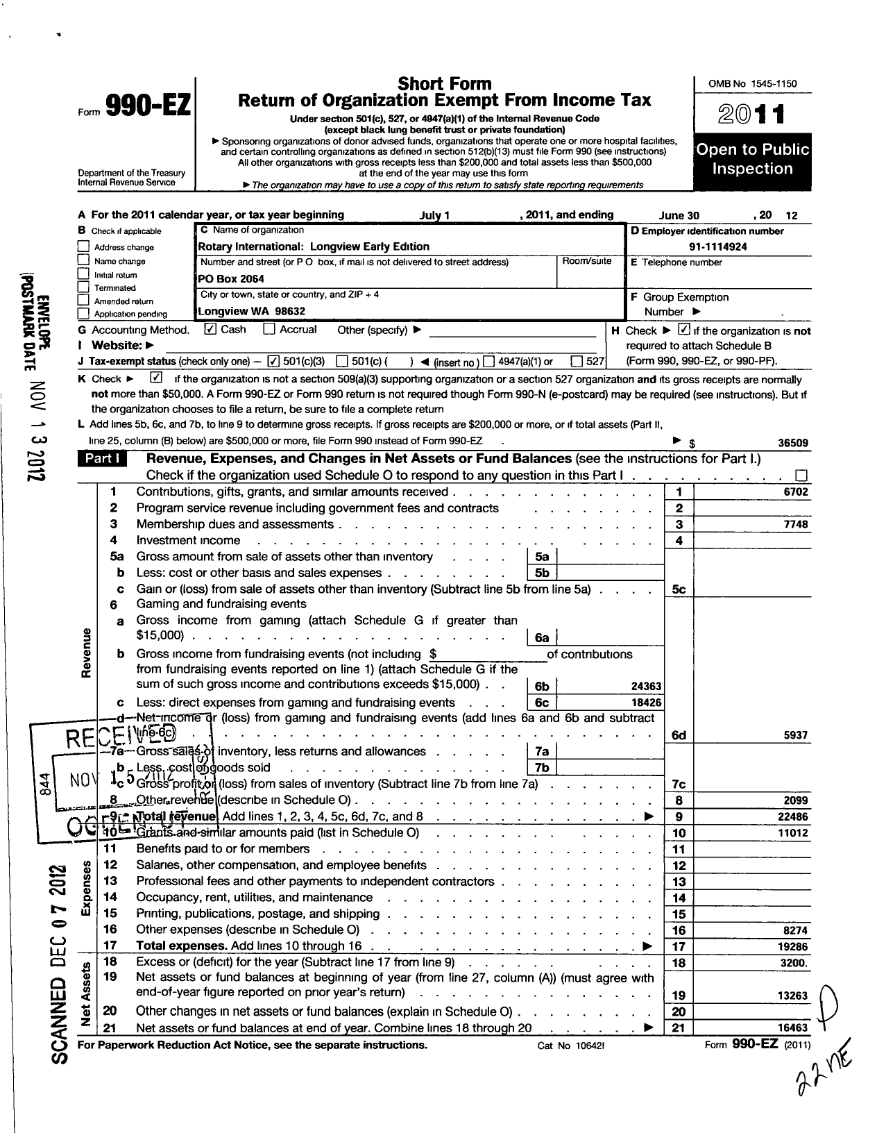 Image of first page of 2011 Form 990EZ for Rotary International - Longview Early Edition