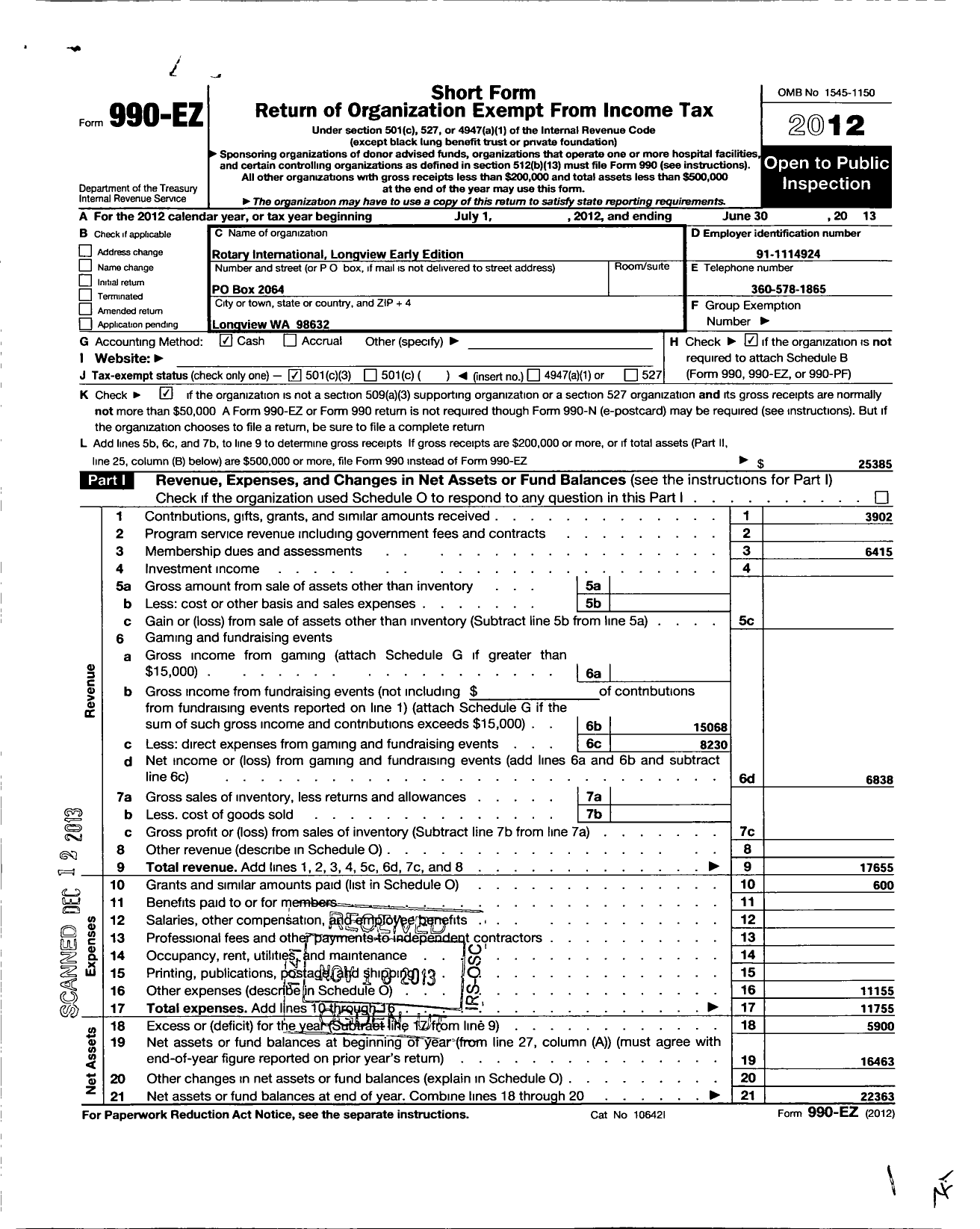 Image of first page of 2012 Form 990EZ for Rotary International - Longview Early Edition