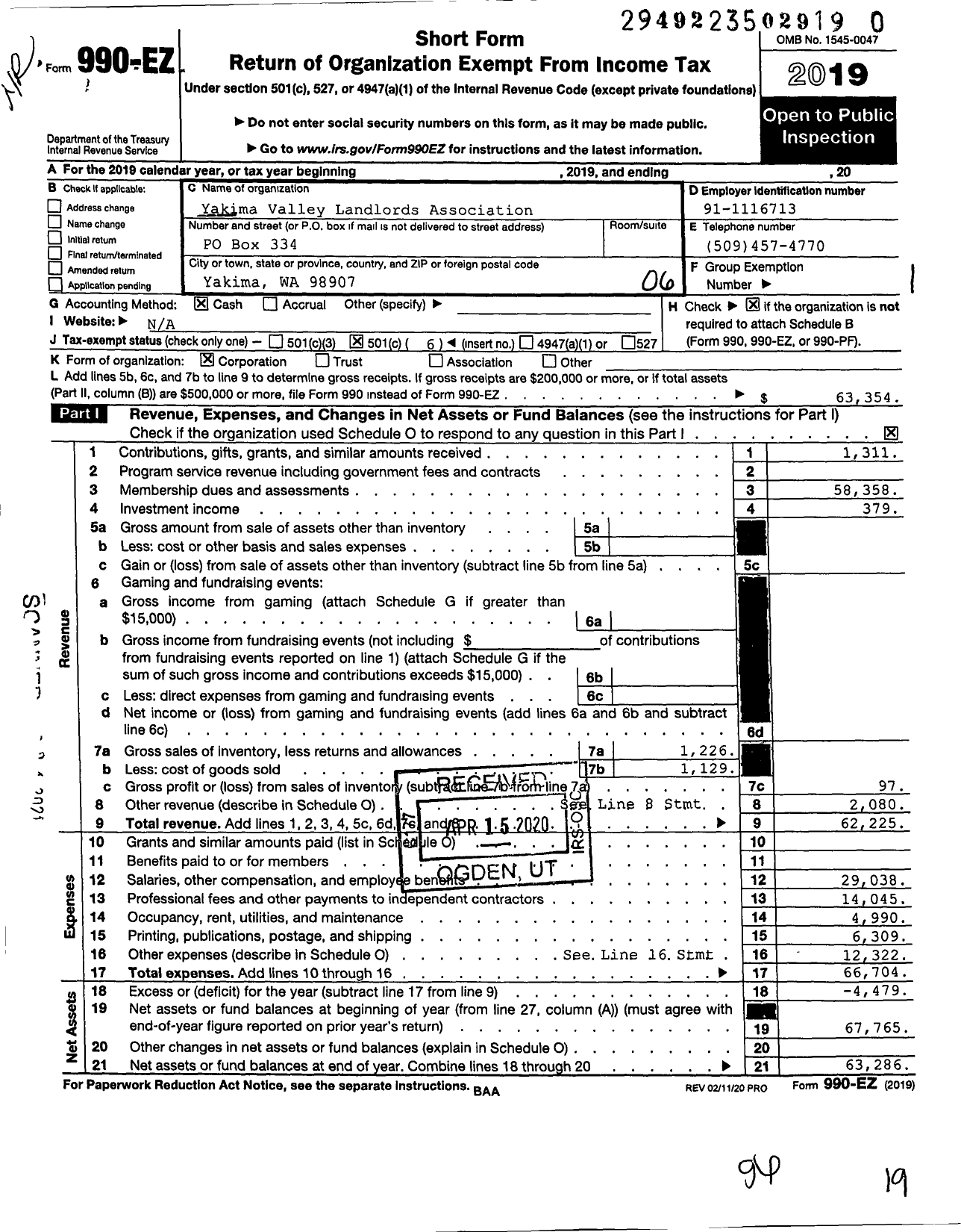 Image of first page of 2019 Form 990EO for Yakima Valley Landlords Association