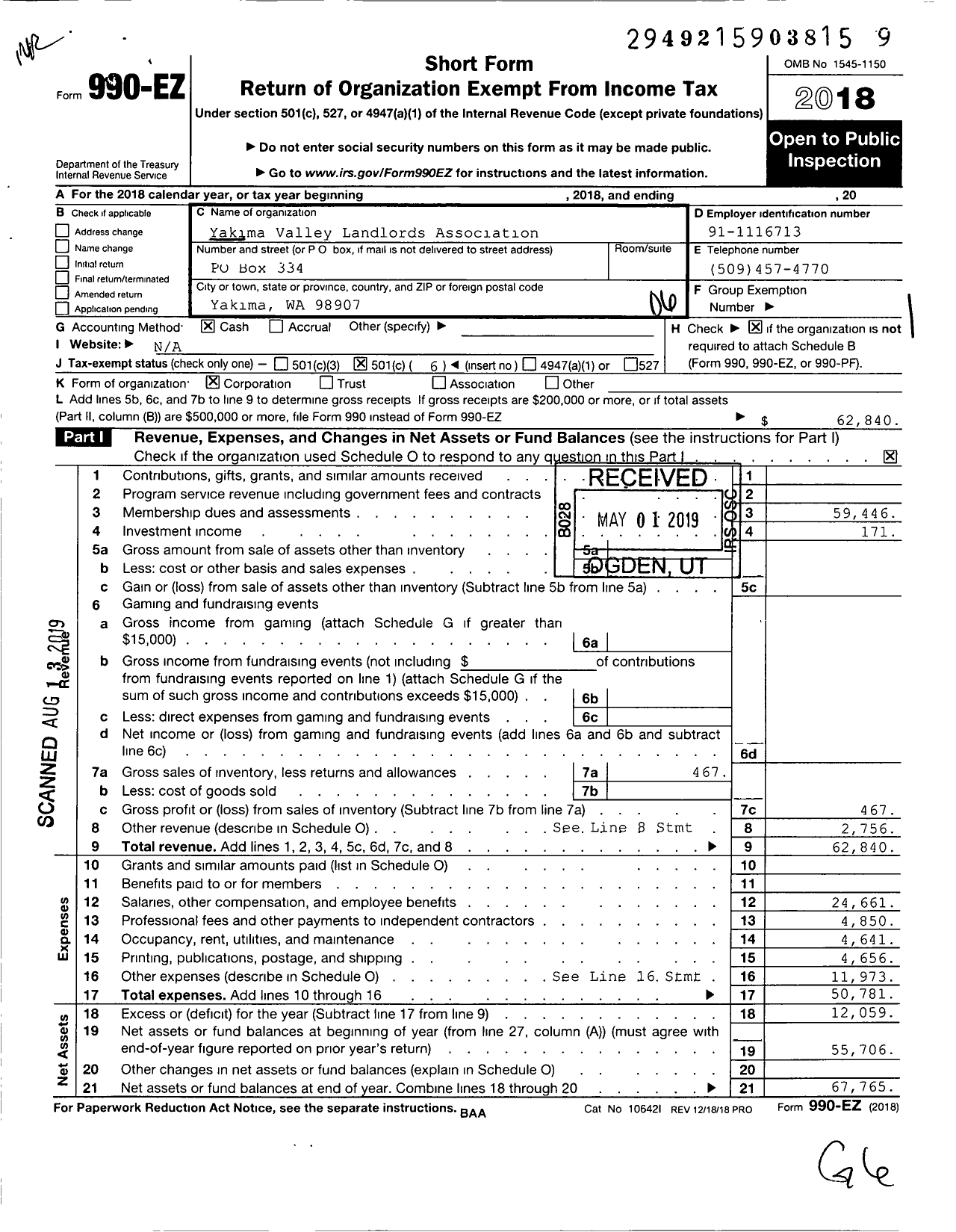 Image of first page of 2018 Form 990EO for Yakima Valley Landlords Association