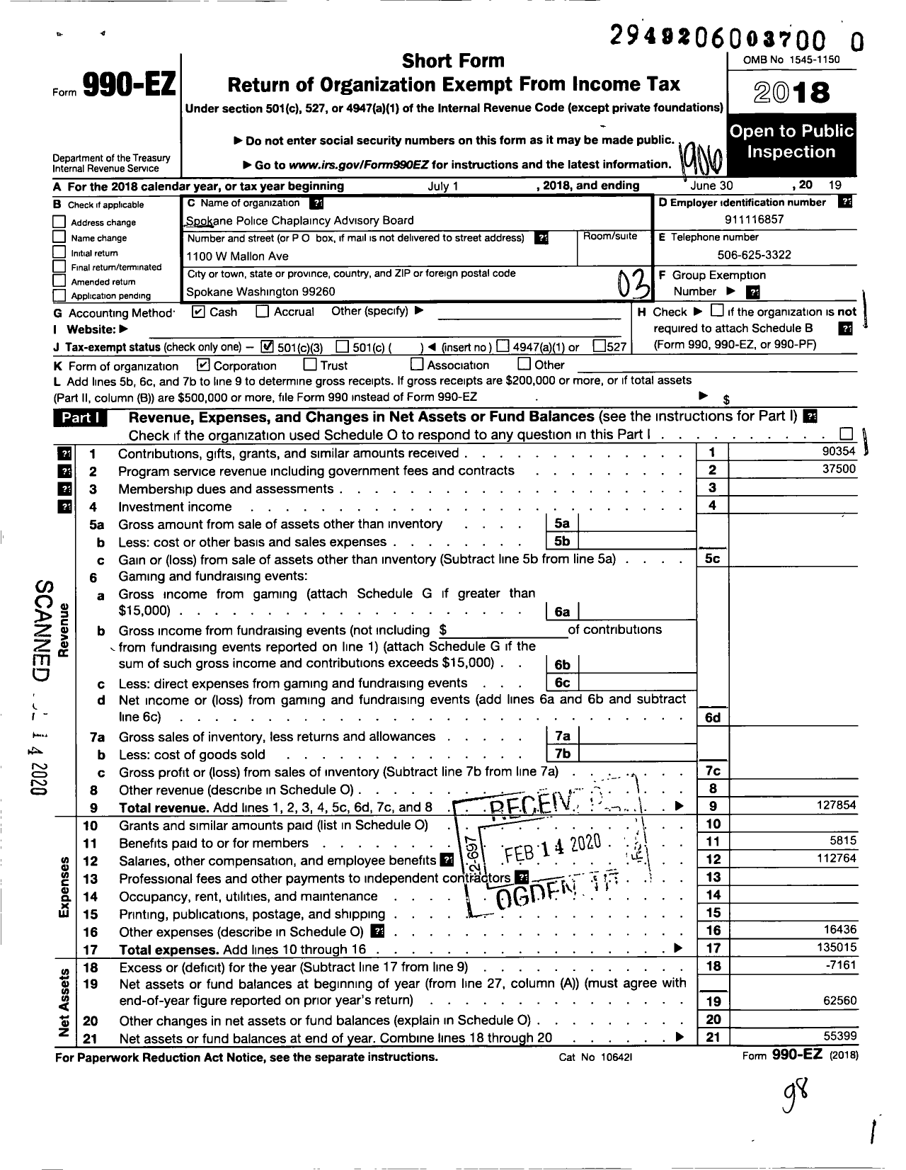 Image of first page of 2018 Form 990EZ for Spokane Police Chaplaincy Advisory Board