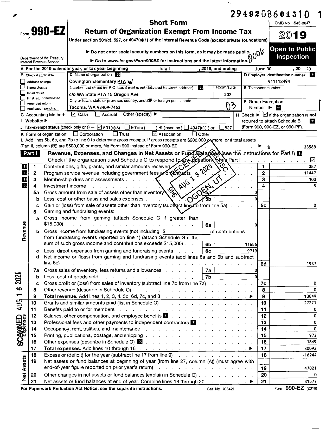 Image of first page of 2019 Form 990EZ for Covington Elementary PTA 9710