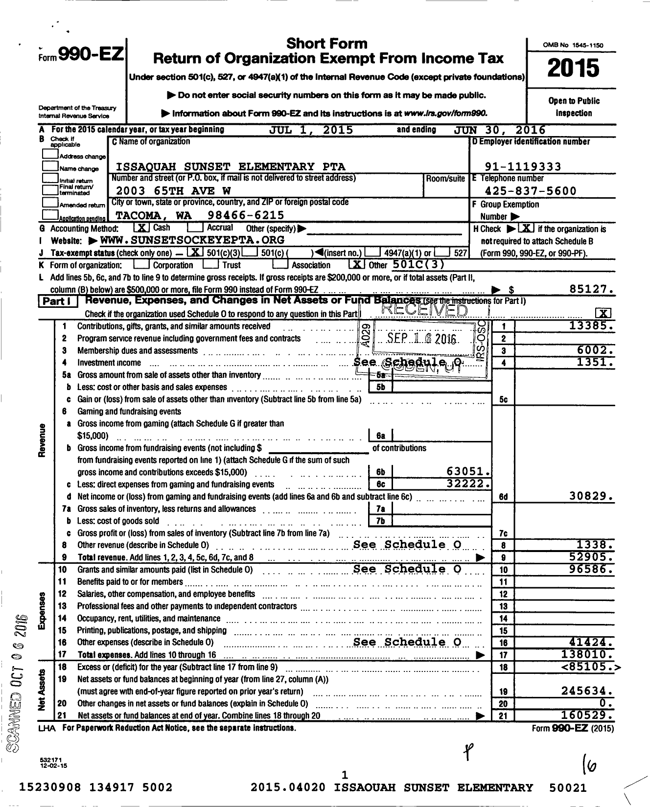 Image of first page of 2015 Form 990EZ for Issaquah Sunset Elementary PTA