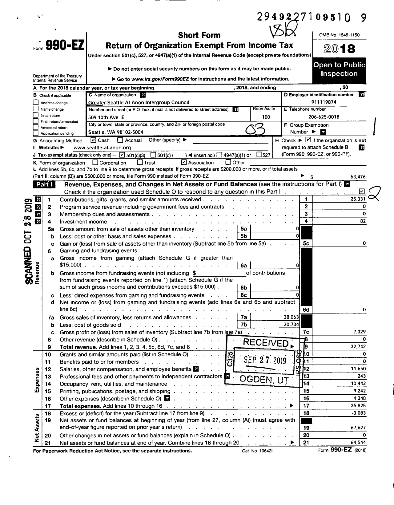 Image of first page of 2018 Form 990EZ for Greater Seattle Al-Anon Intergroup Council