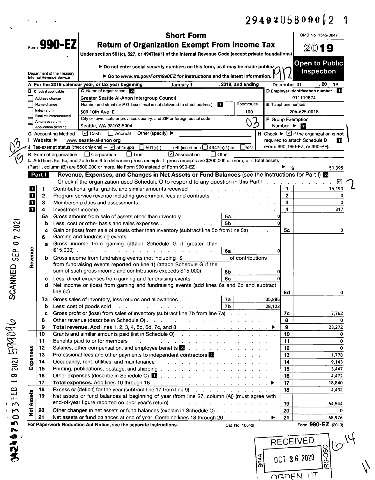 Image of first page of 2019 Form 990EZ for Greater Seattle Al-Anon Intergroup Council