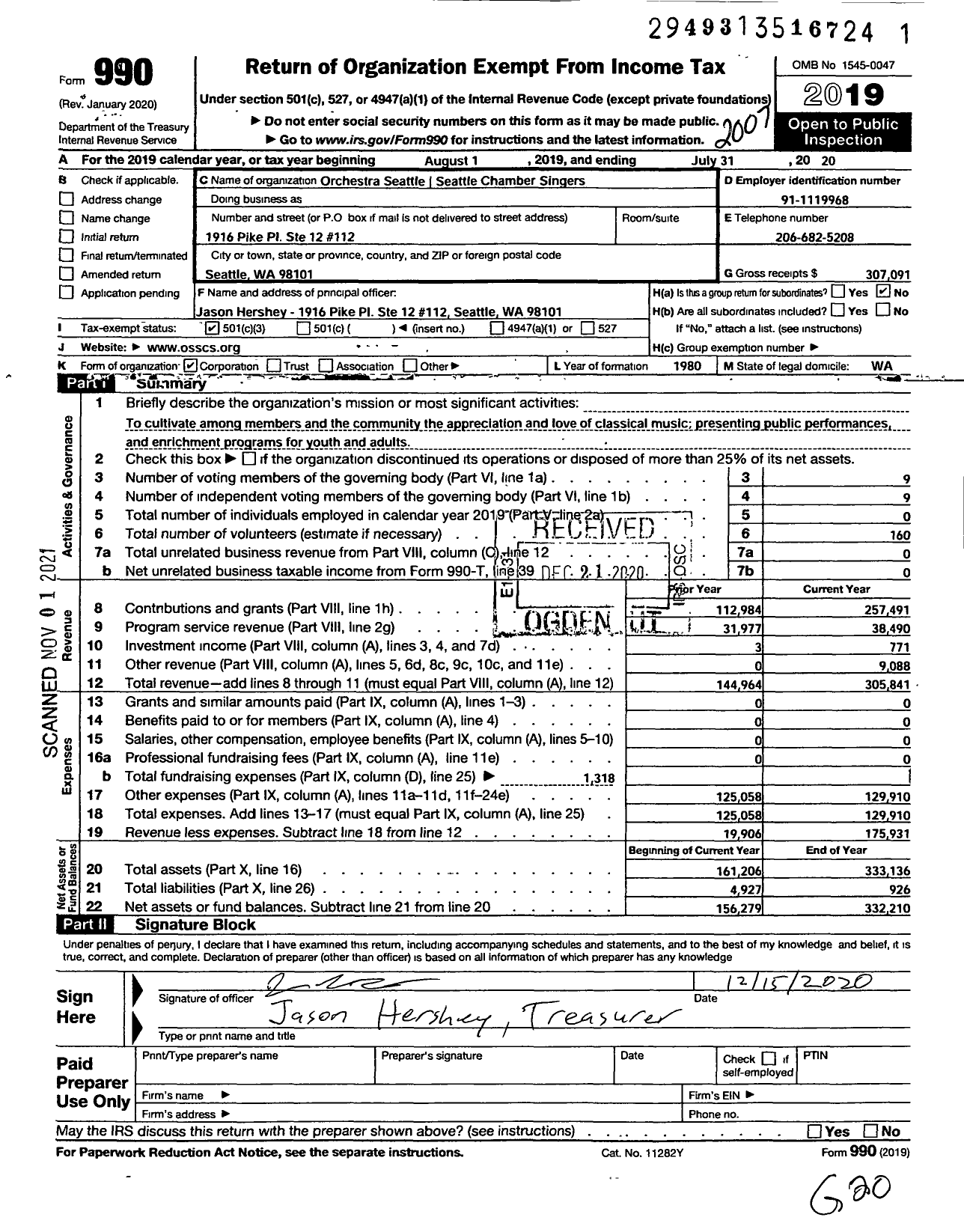 Image of first page of 2019 Form 990 for Harmonia Seattle