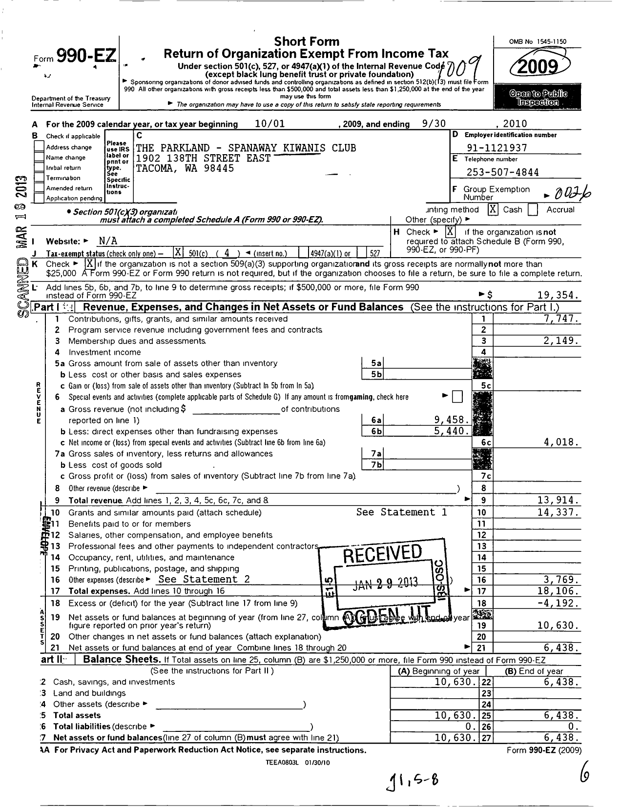 Image of first page of 2009 Form 990EO for Kiwanis International - K09831 Parkland-Spanaway