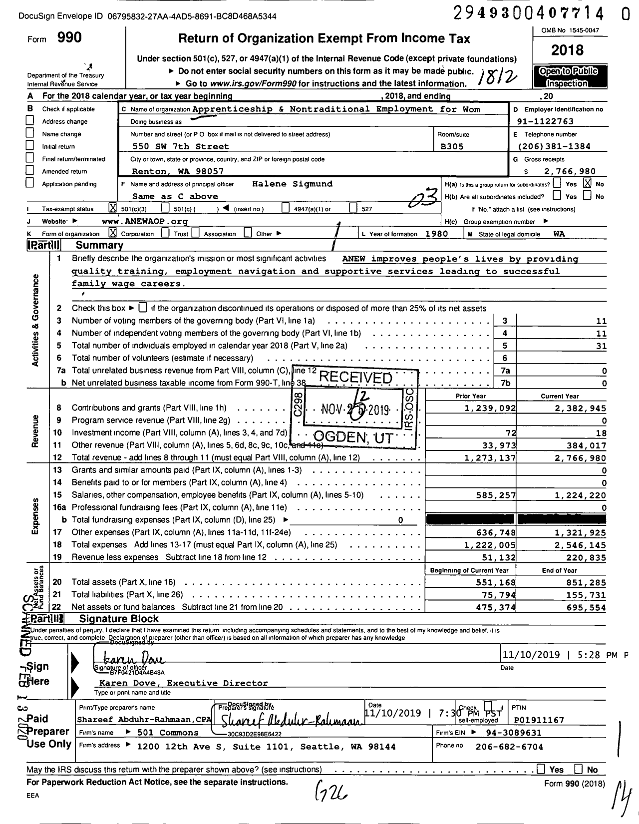 Image of first page of 2018 Form 990 for Apprenticeship and Nontraditional Employment for Women (ANEW)