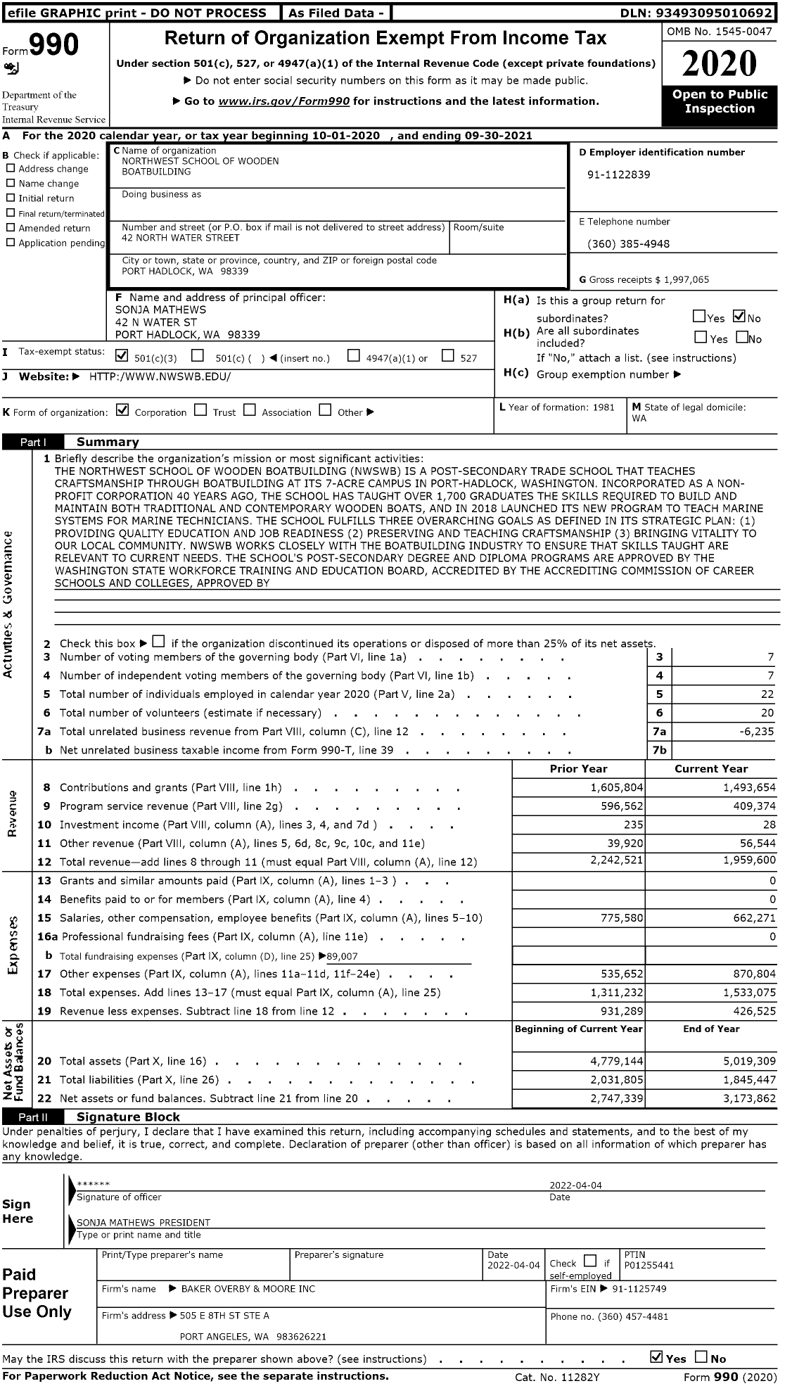 Image of first page of 2020 Form 990 for Northwest School of Wooden Boatbuilding