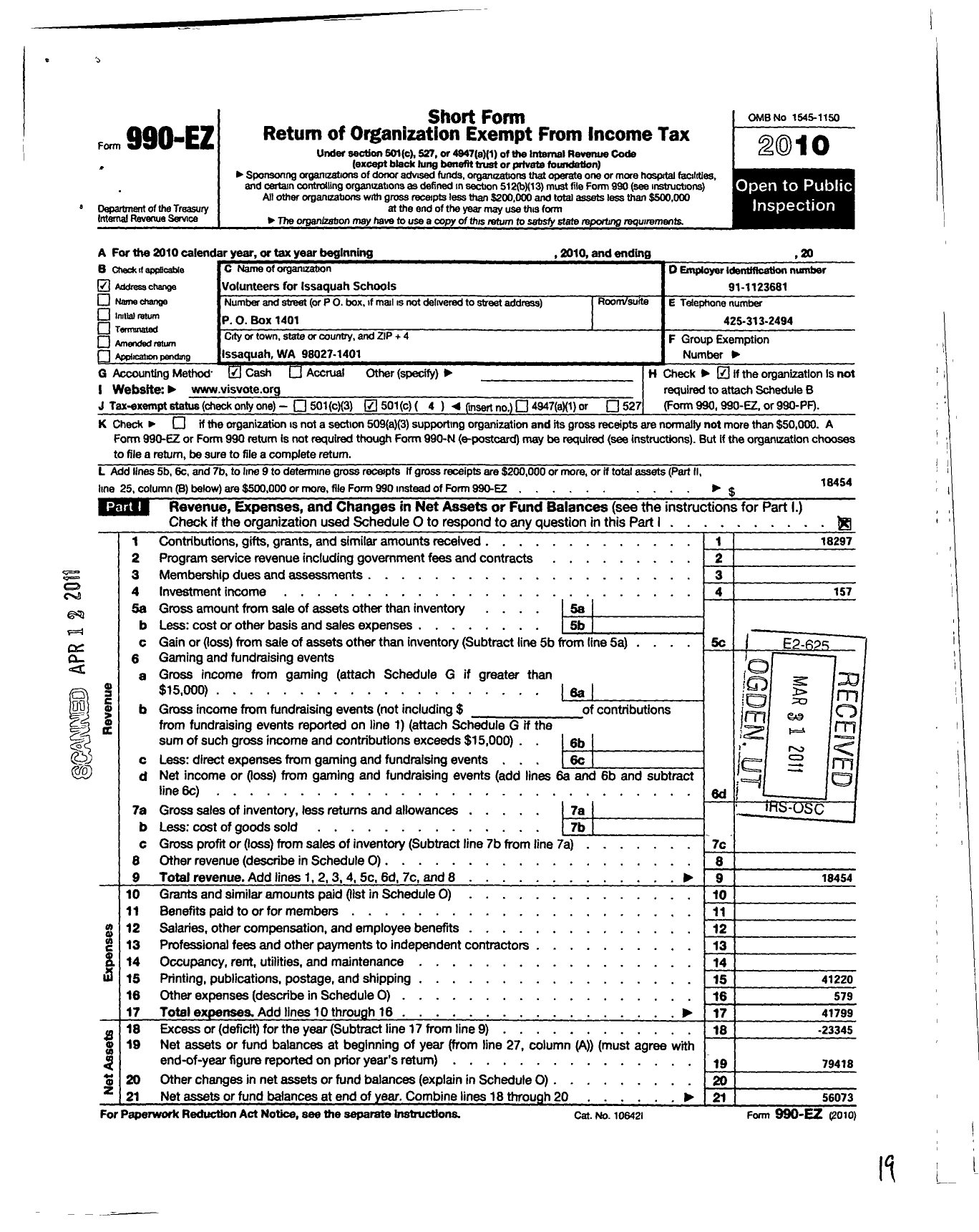 Image of first page of 2010 Form 990EO for Volunteers for Issaquah Schools