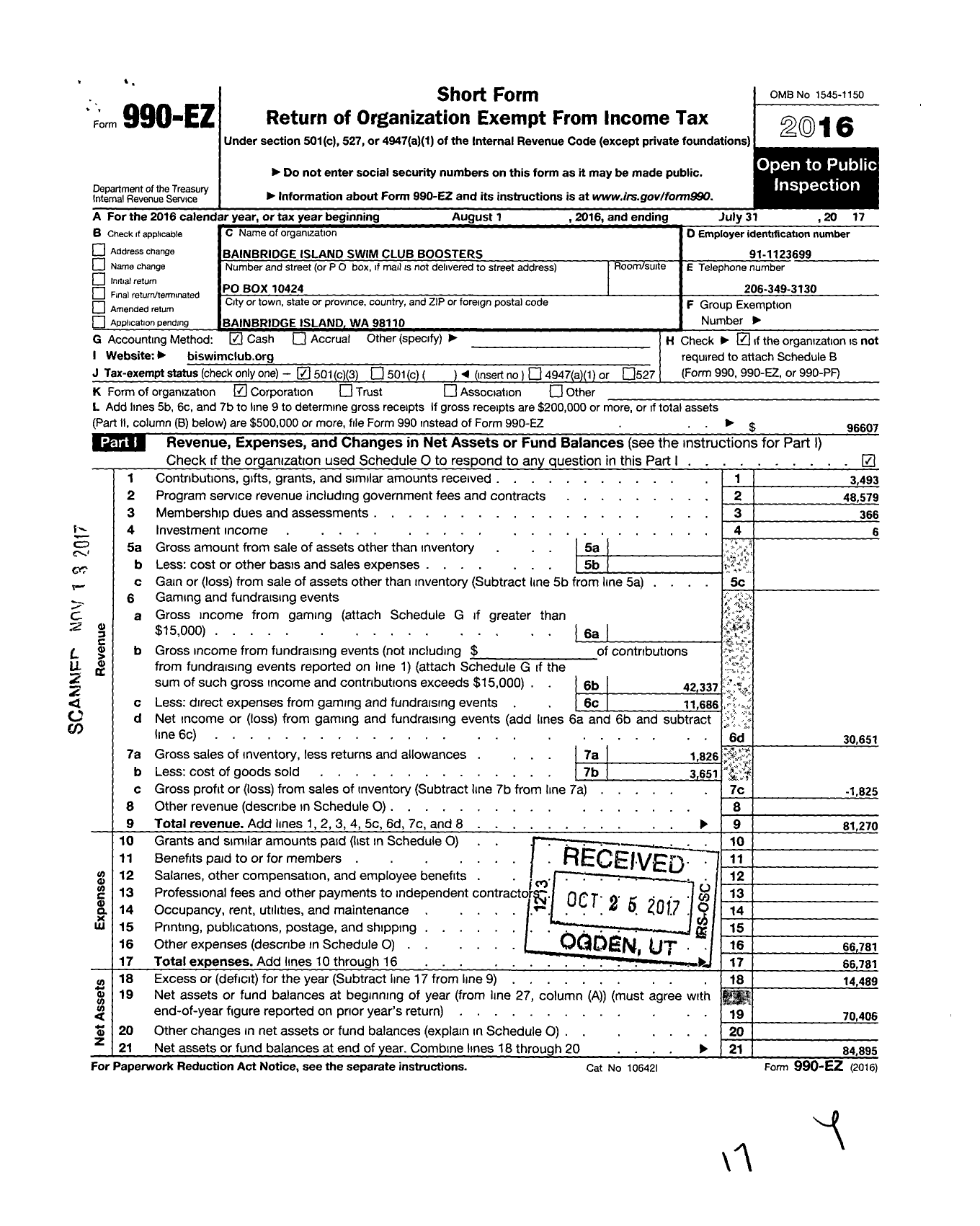 Image of first page of 2016 Form 990EZ for Bainbridge Island Swim Club Boosters