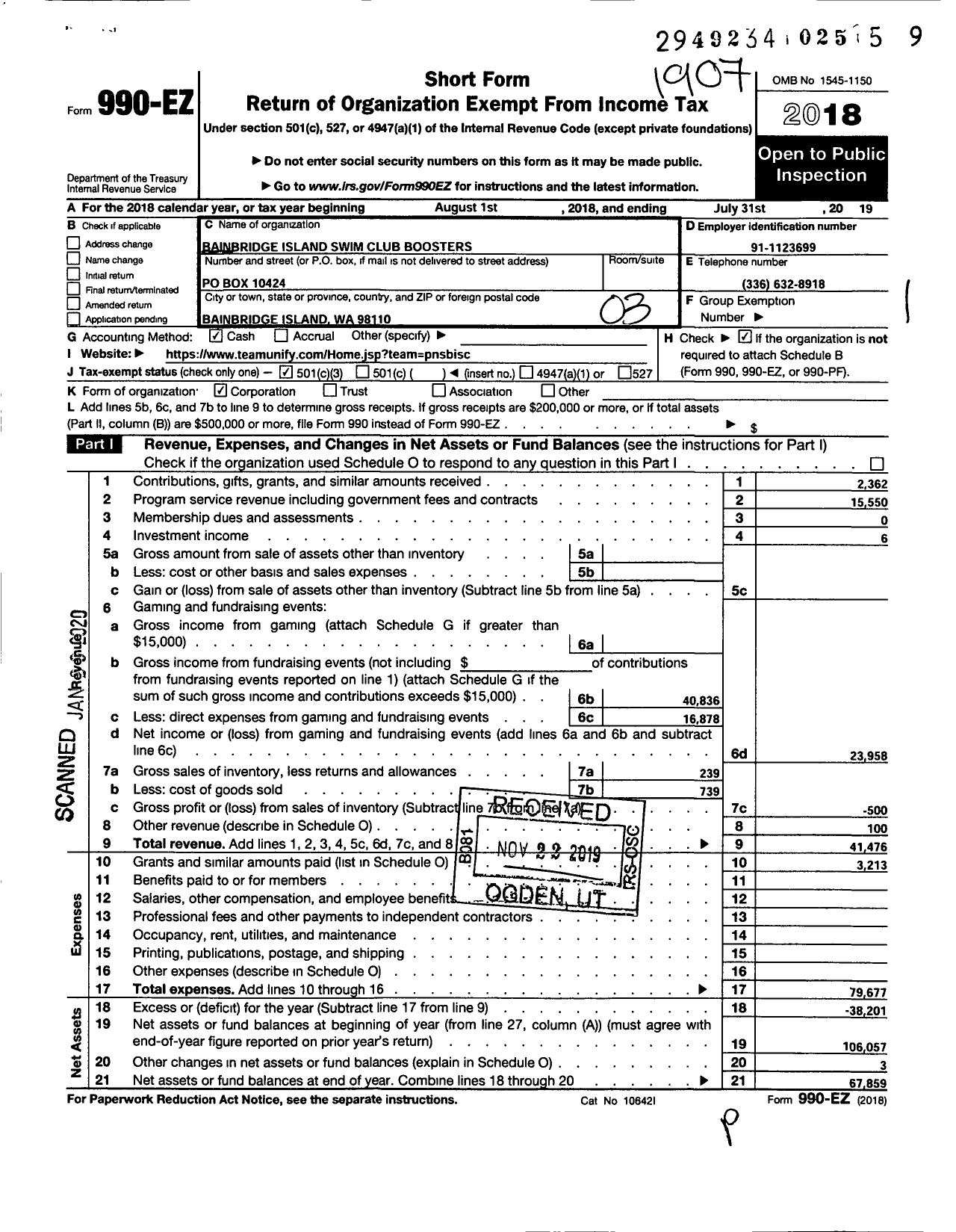 Image of first page of 2018 Form 990EZ for Bainbridge Island Swim Club Boosters