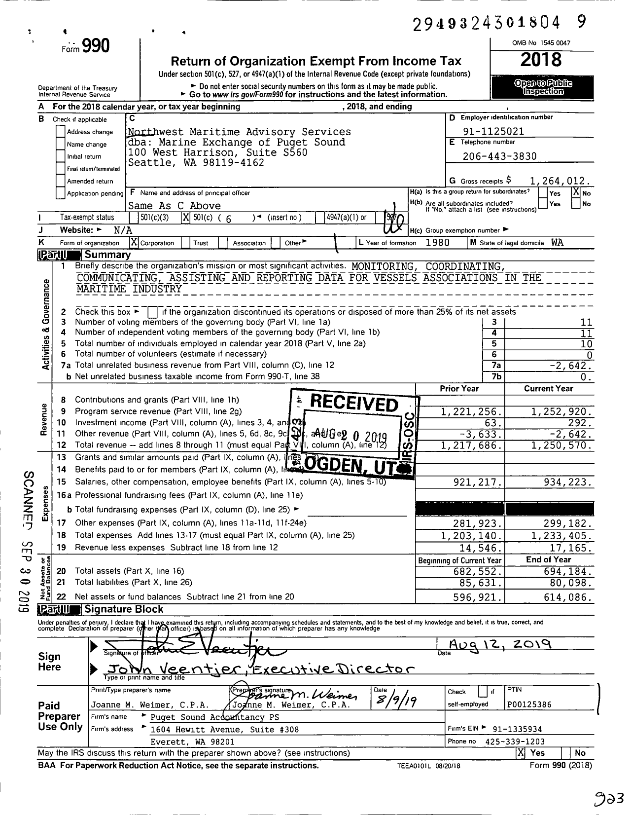 Image of first page of 2018 Form 990O for Marine Exchange of Puget Sound