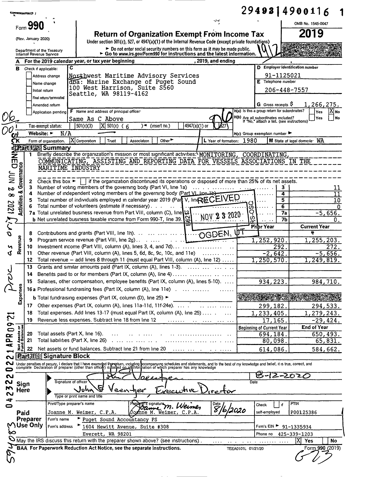 Image of first page of 2019 Form 990O for Marine Exchange of Puget Sound