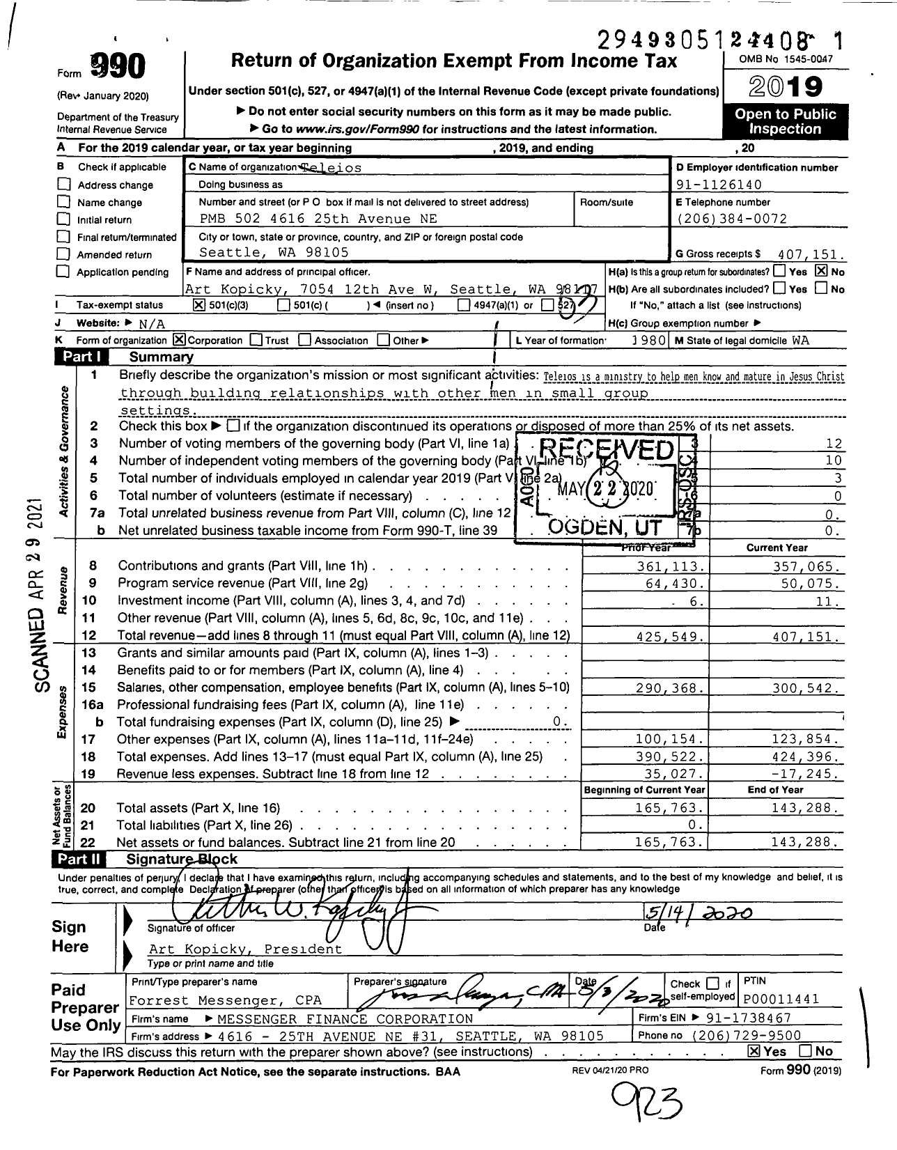 Image of first page of 2019 Form 990 for Teleios