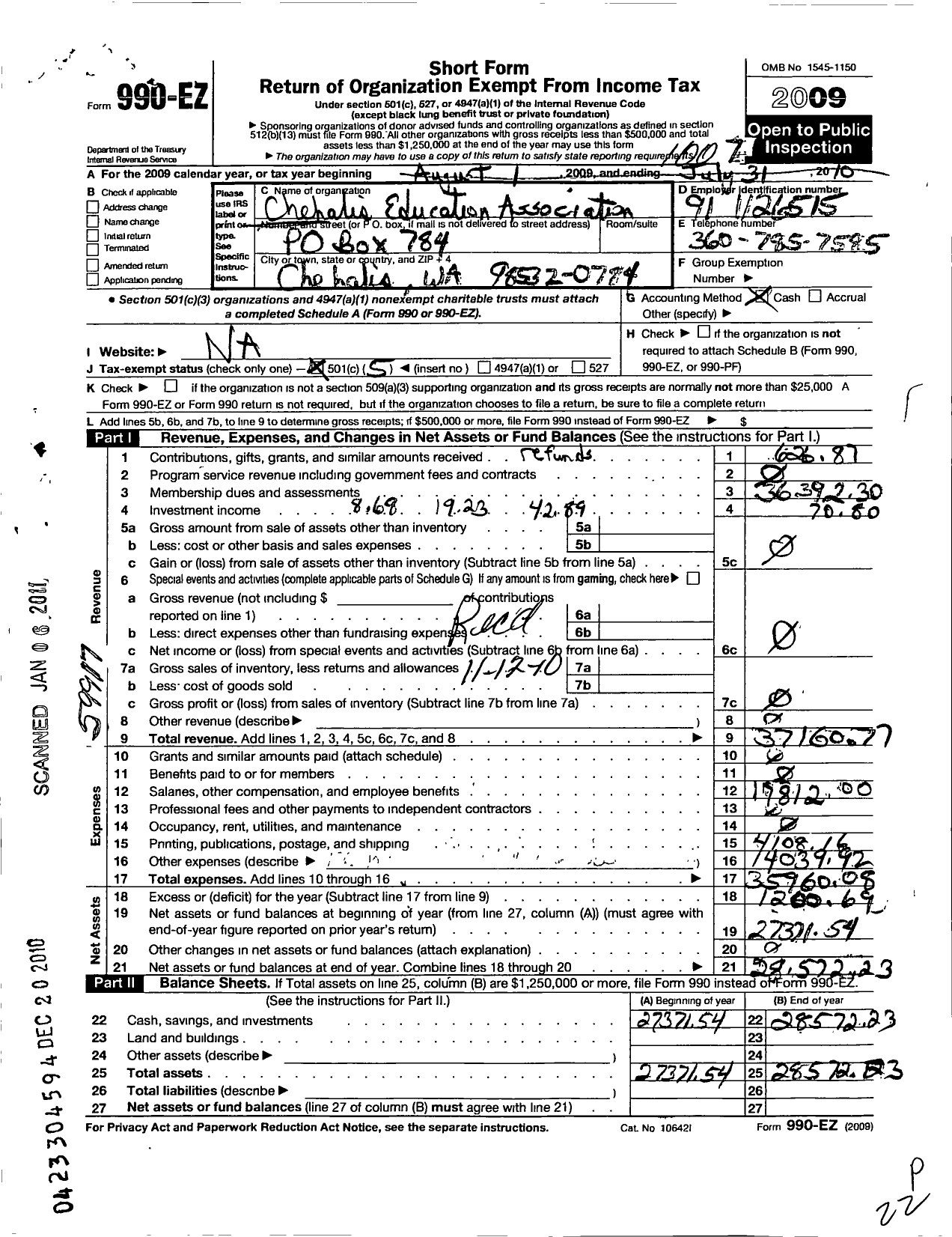 Image of first page of 2009 Form 990EO for Chehalis Education Association