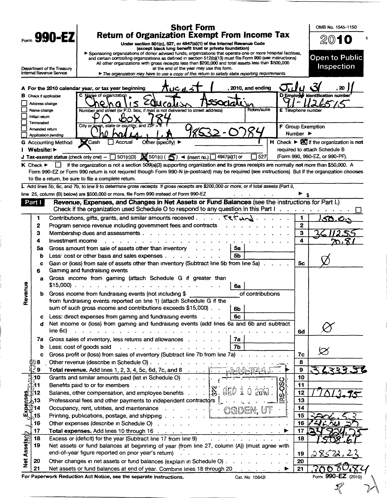 Image of first page of 2010 Form 990EO for Chehalis Education Association