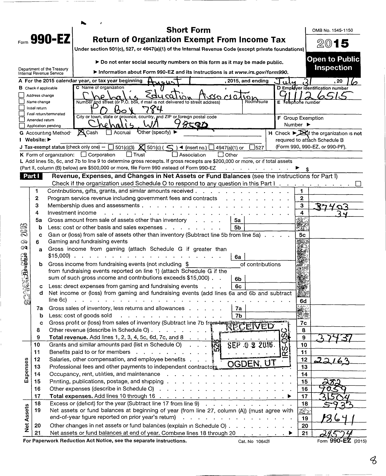 Image of first page of 2015 Form 990EO for Chehalis Education Association