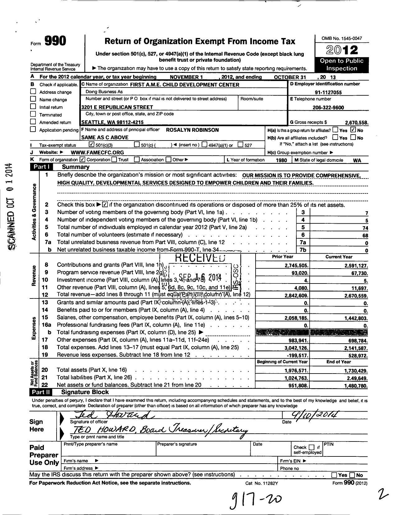 Image of first page of 2012 Form 990 for First Ame Child Development Center