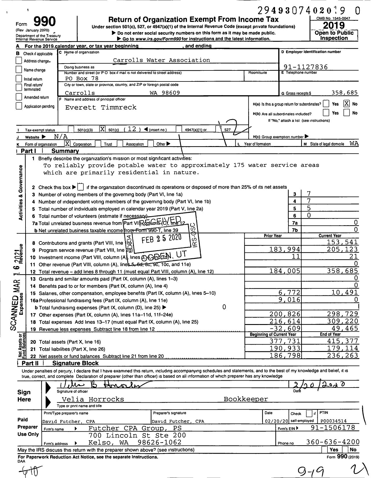 Image of first page of 2019 Form 990O for Carrolls Water Association