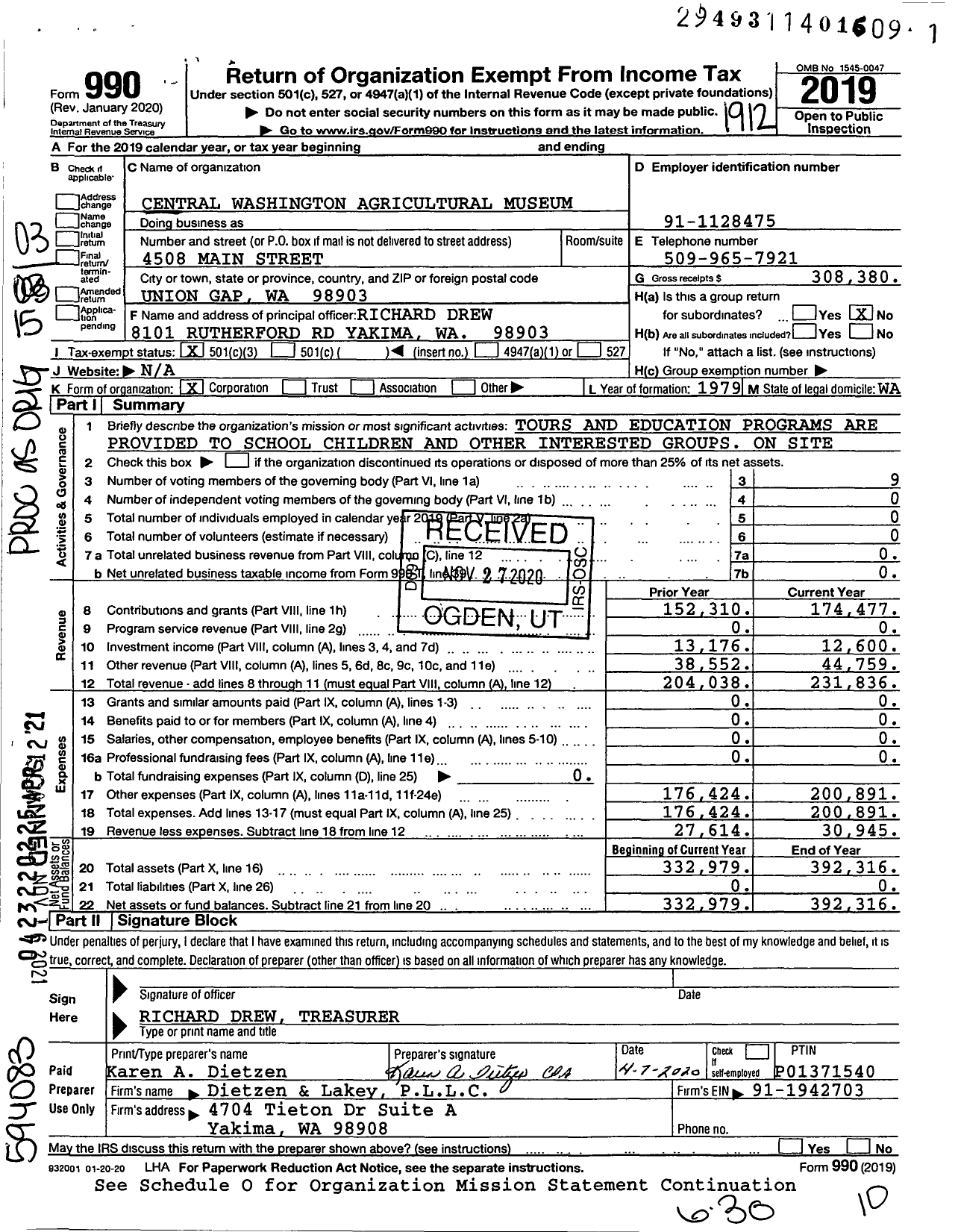 Image of first page of 2019 Form 990 for Central Washington Agricultural Museum