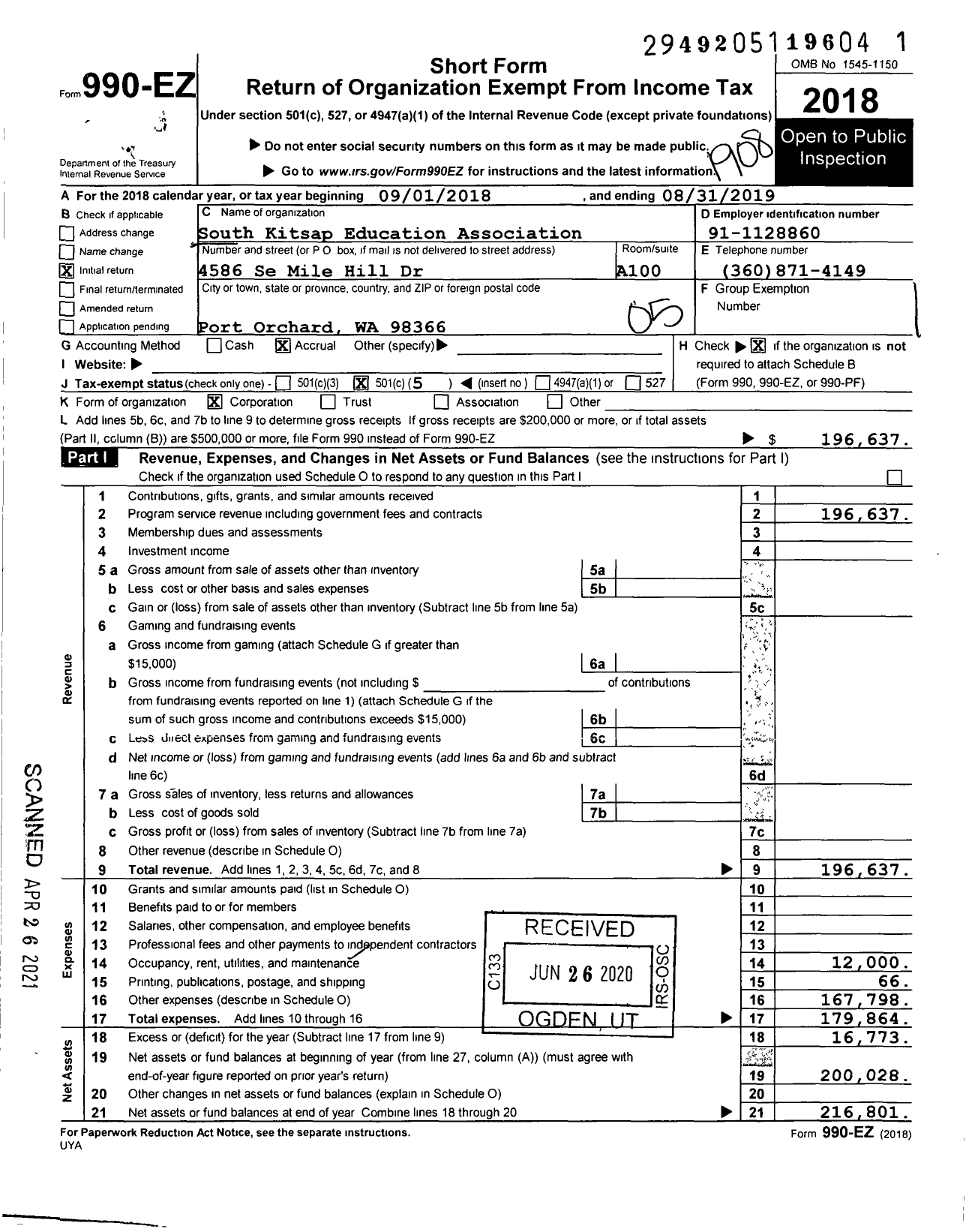 Image of first page of 2018 Form 990EO for South Kitsap Education Association