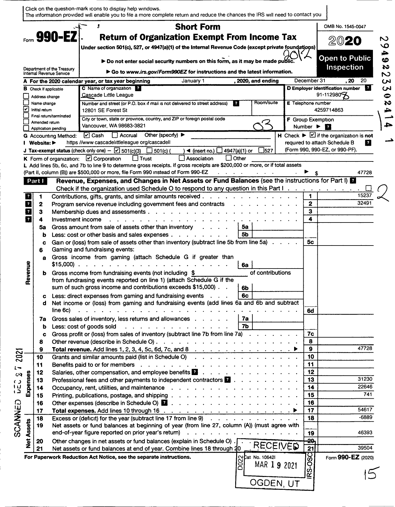 Image of first page of 2020 Form 990EZ for Little League Baseball - 4470419 Cascade LL