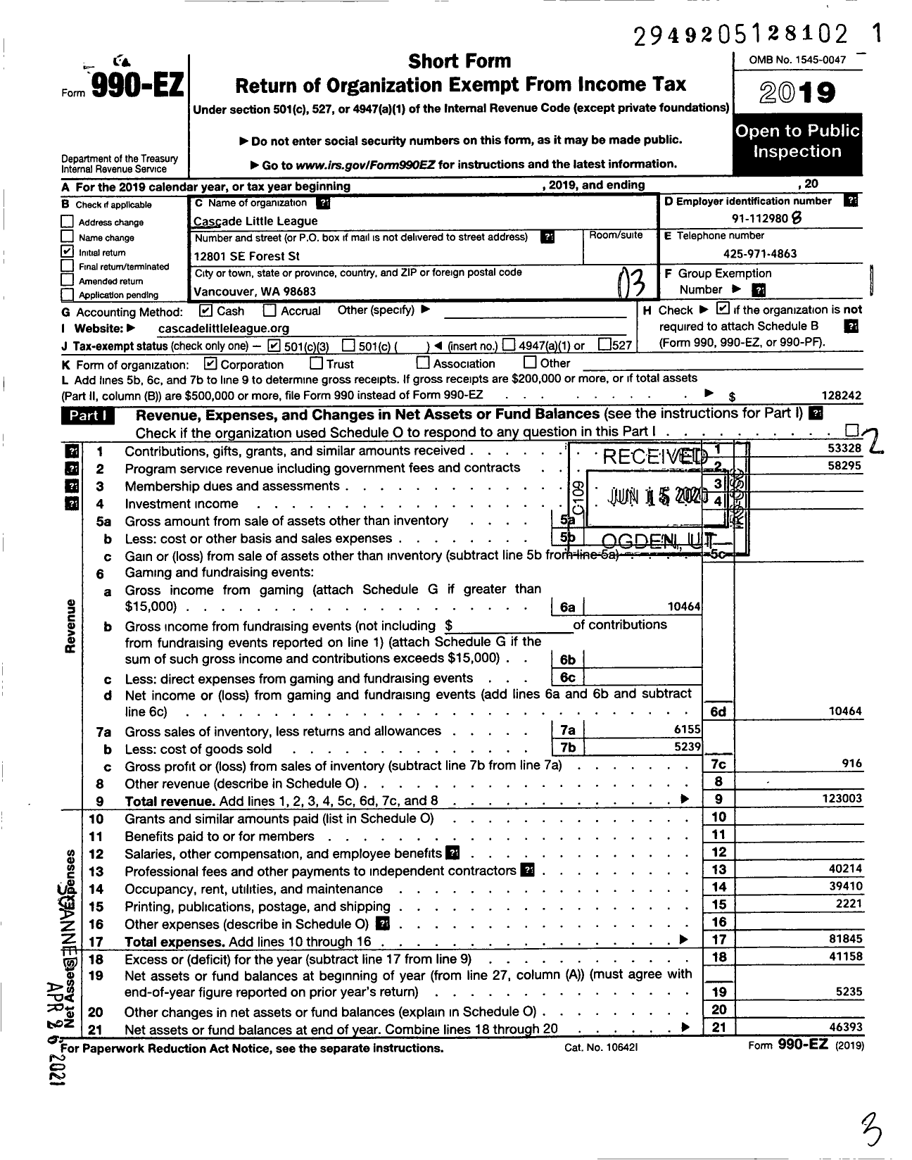 Image of first page of 2019 Form 990EZ for Little League Baseball - 4470419 Cascade LL