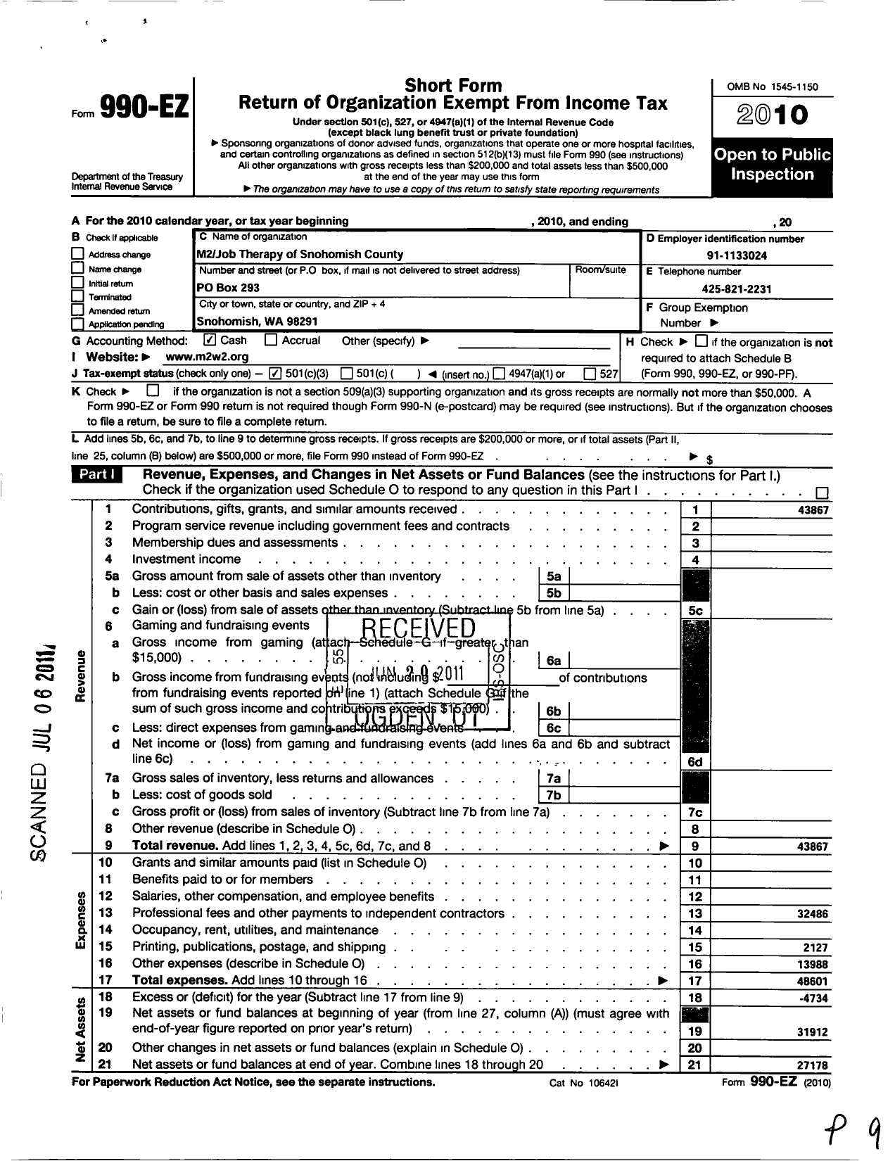 Image of first page of 2010 Form 990EZ for M-2 Job Therapy of Snohomish County