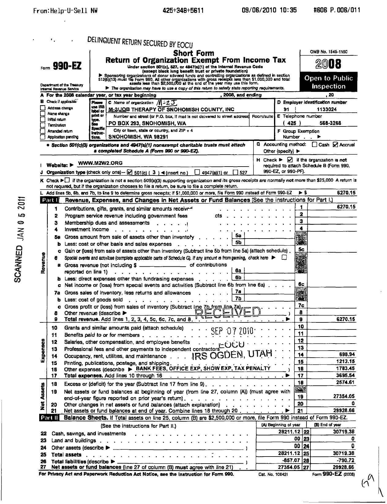 Image of first page of 2008 Form 990EZ for M-2 Job Therapy of Snohomish County