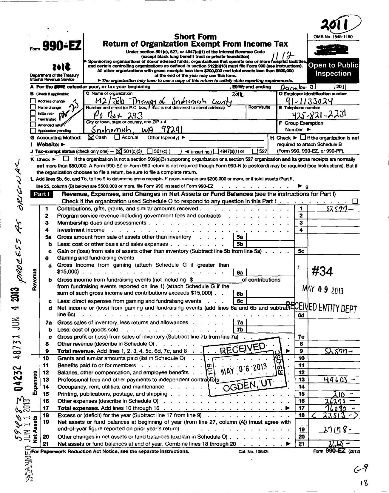 Image of first page of 2011 Form 990EZ for M-2 Job Therapy of Snohomish County